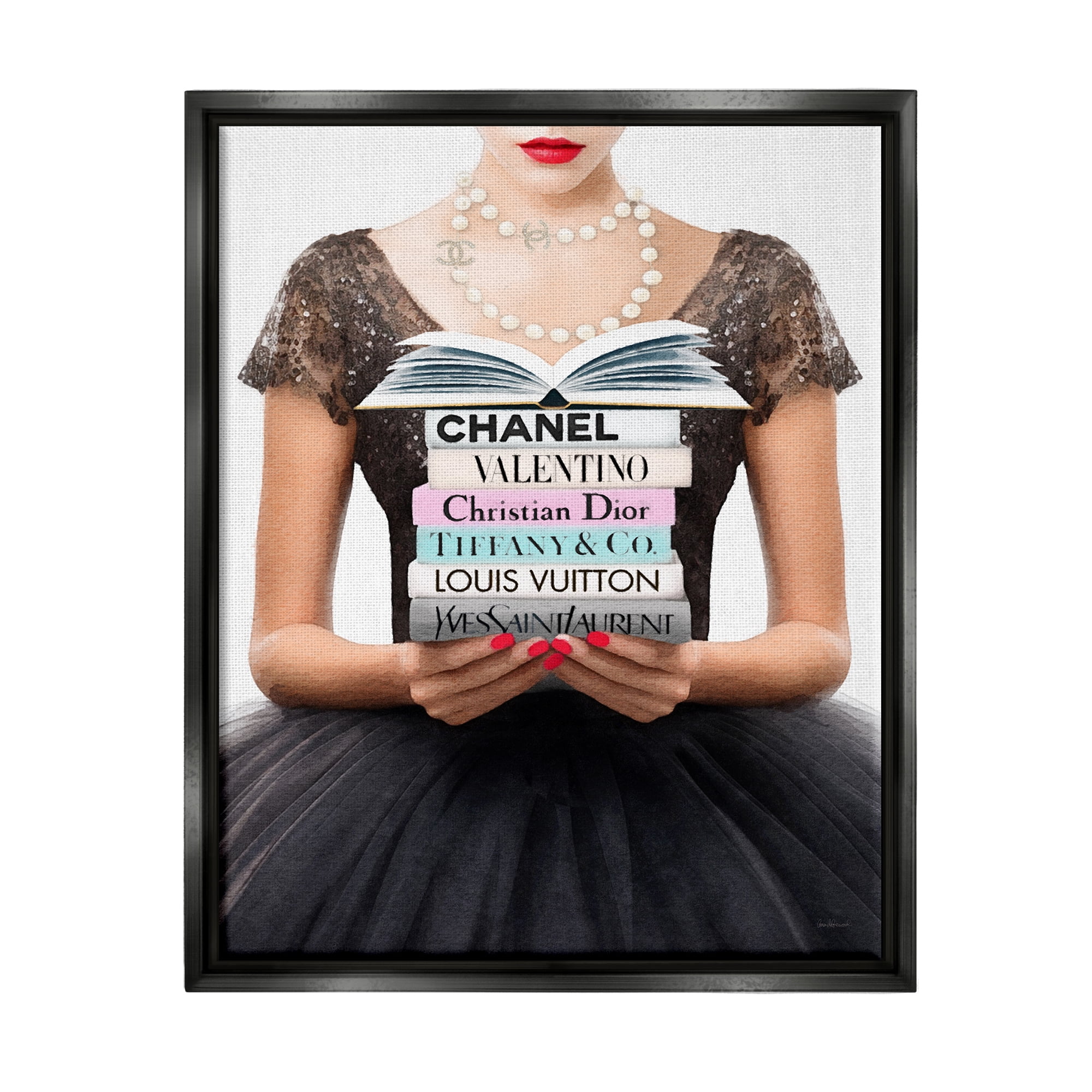 Stupell Industries Girl with Fashion Books Beauty & Fashion Painting Black Floater Framed Canvas Art Print Wall Art, 17 x 21