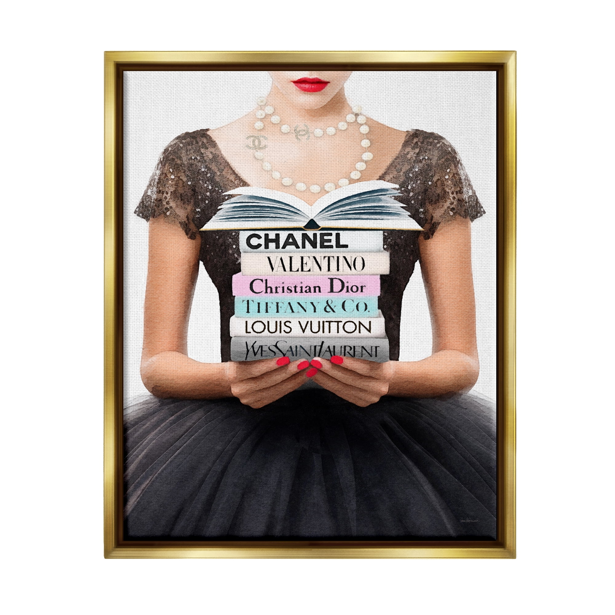 Stupell Industries Girl with Fashion Books Beauty & Fashion Painting Gold Floater Framed Canvas Art Print Wall Art, 17 x 21