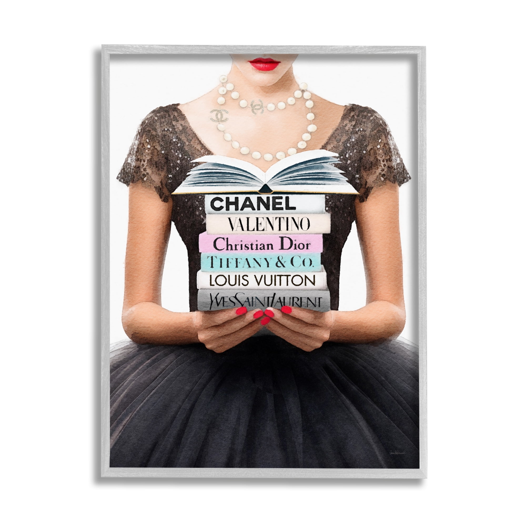 Stupell Industries Girl with Fashion Books Beauty & Fashion Painting Gray Framed Art Print Wall Art, 24 x 30