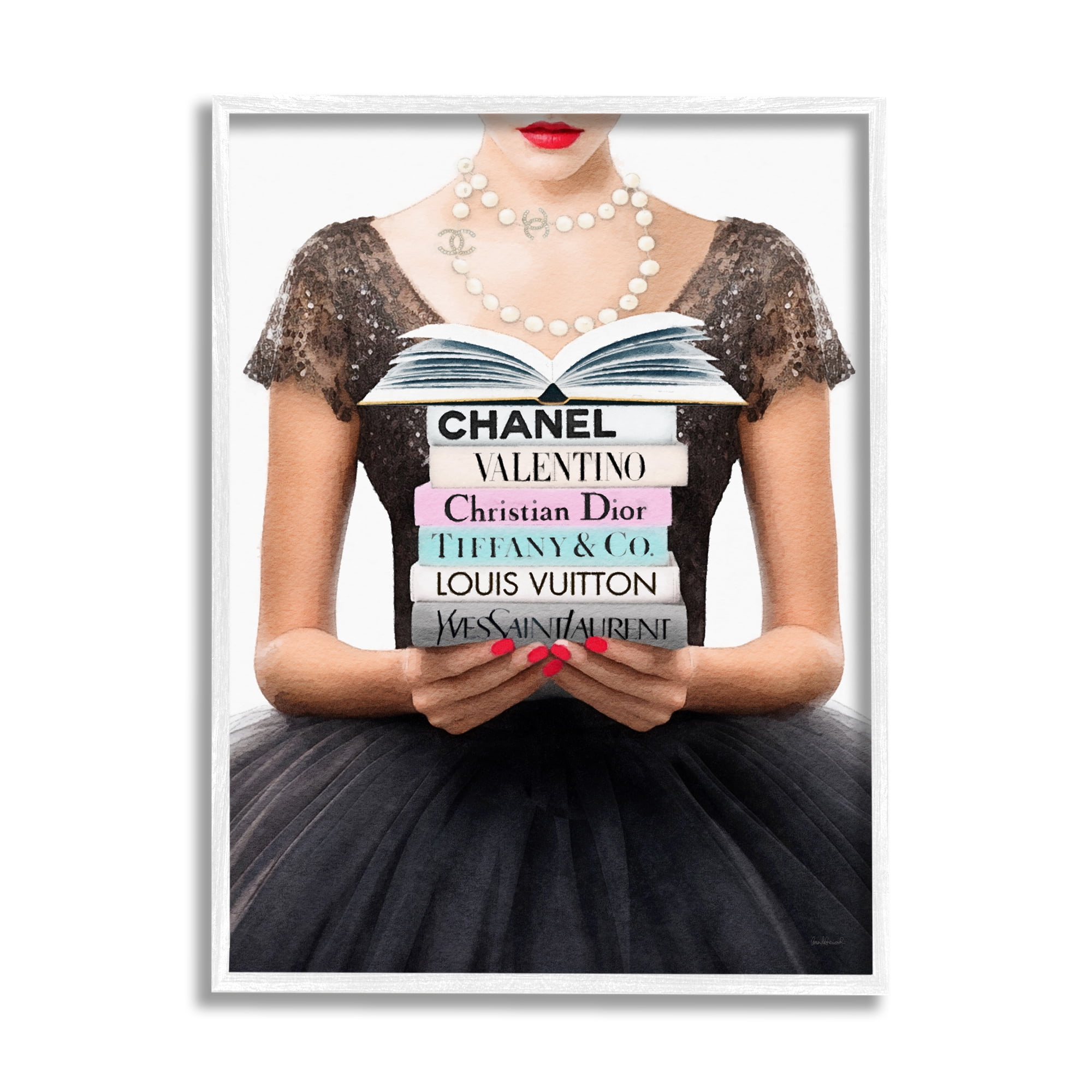 Stupell Industries Girl with Fashion Books Beauty & Fashion Painting White Framed Art Print Wall Art, 11 x 14