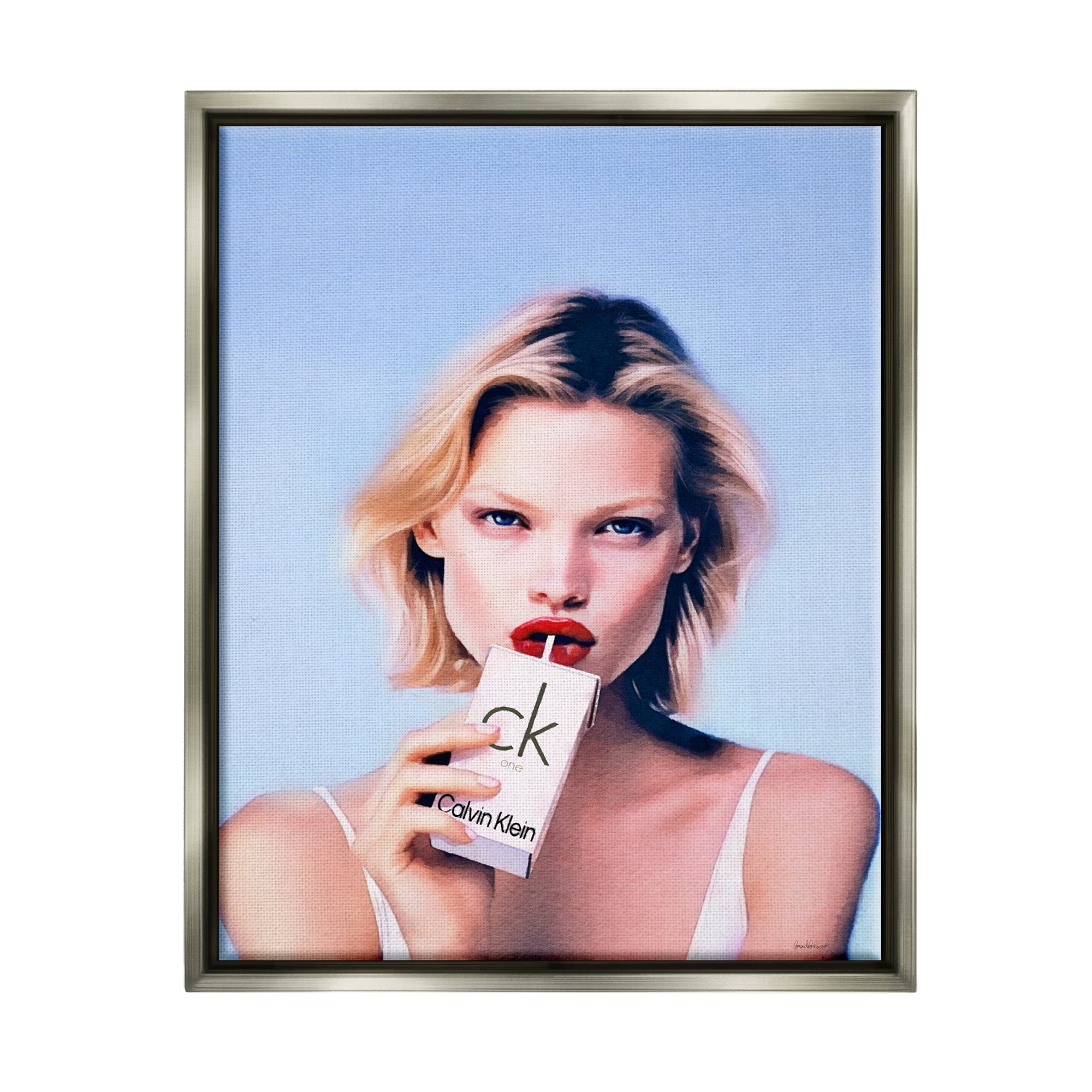 Stupell Industries Girl with Fashion Drink Beauty & Fashion Painting Gray Floater Framed Art Print Wall Art, 25 x 31