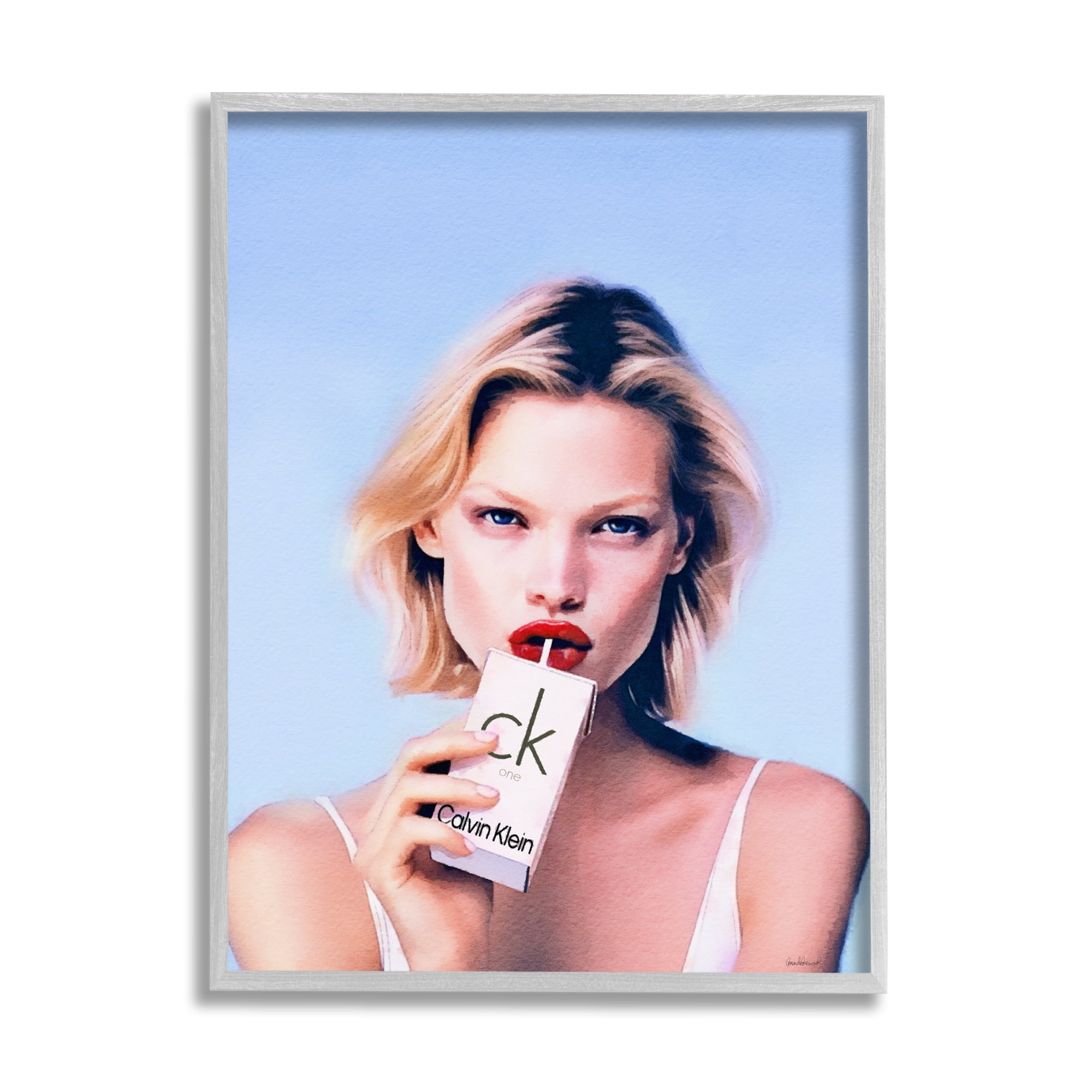 Stupell Industries Girl with Fashion Drink Beauty & Fashion Painting Gray Framed Art Print Wall Art, 16 x 20