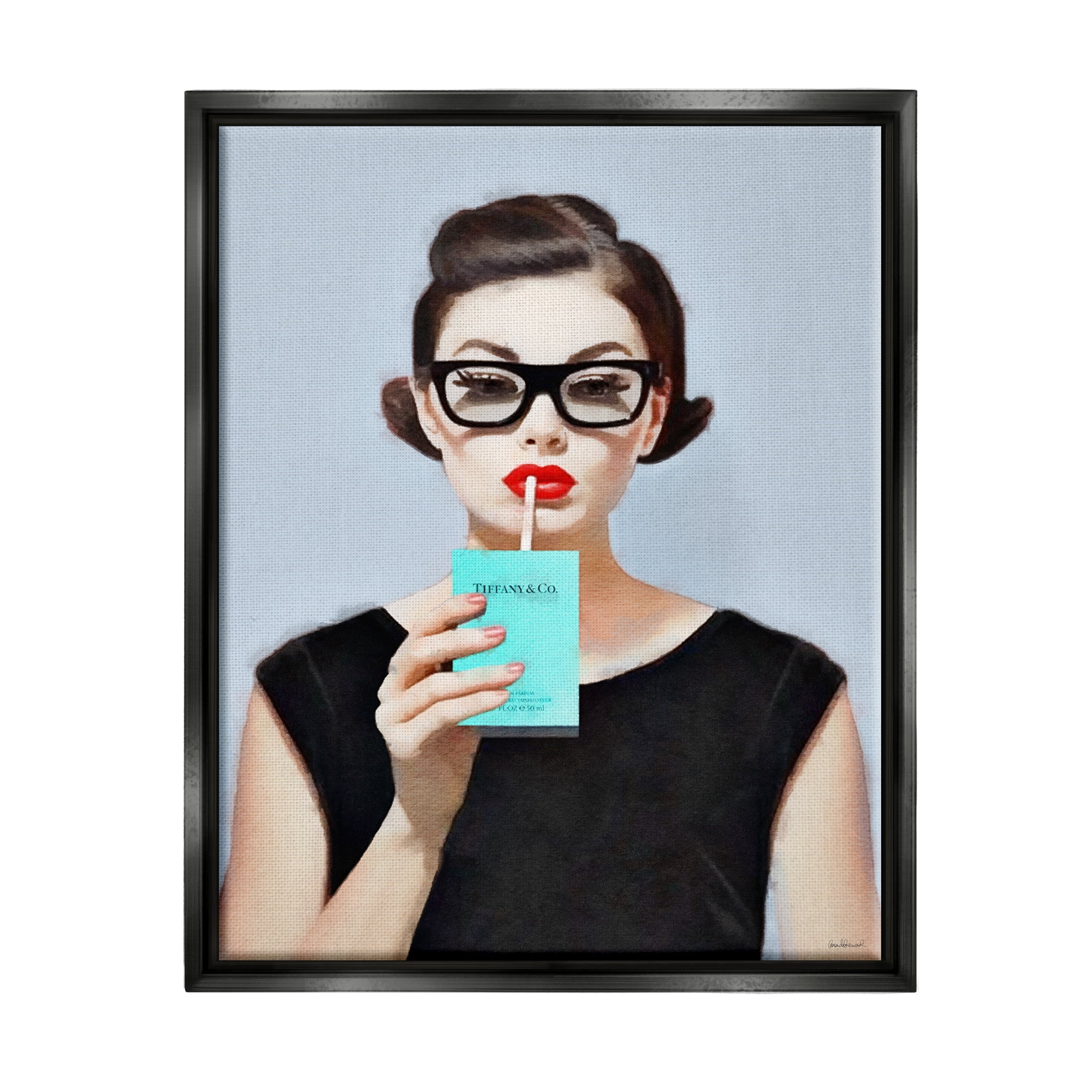 Stupell Industries Girl with Glam Drink Beauty & Fashion Painting Black Floater Framed Art Print Wall Art, 25 x 31