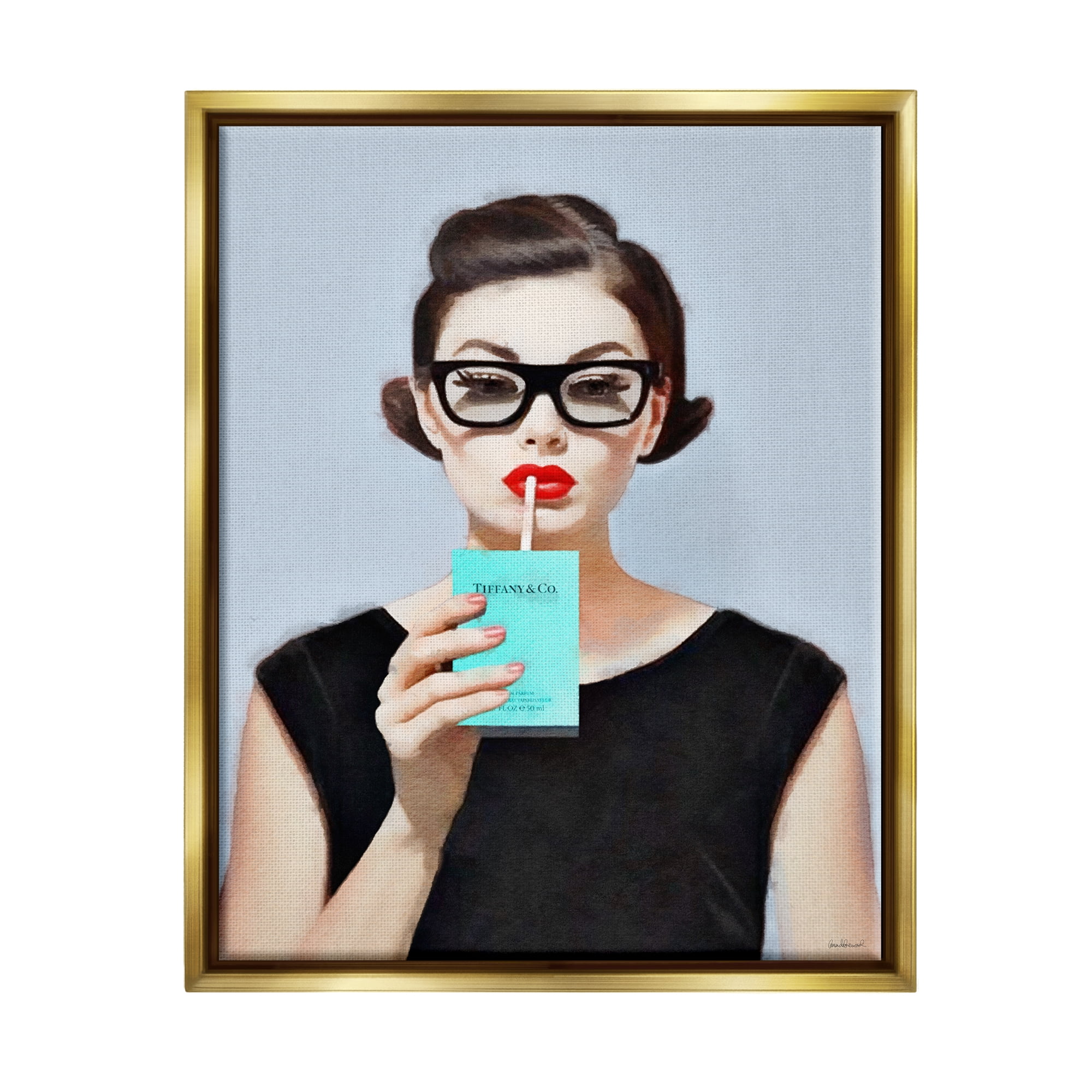 Stupell Industries Girl with Glam Drink Beauty & Fashion Painting Gold Floater Framed Art Print Wall Art, 17 x 21