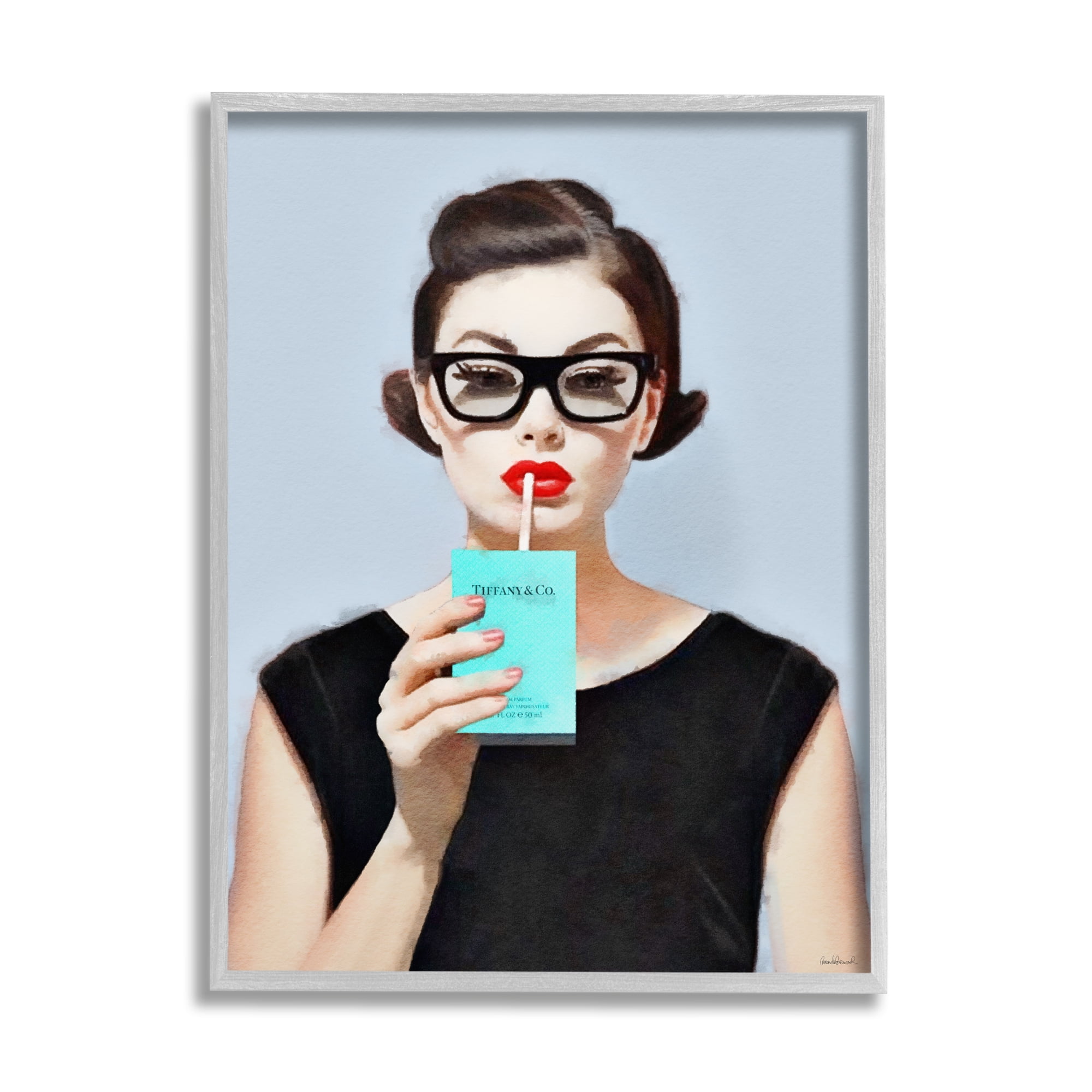 Stupell Industries Girl with Glam Drink Beauty & Fashion Painting Gray Framed Art Print Wall Art, 24 x 30