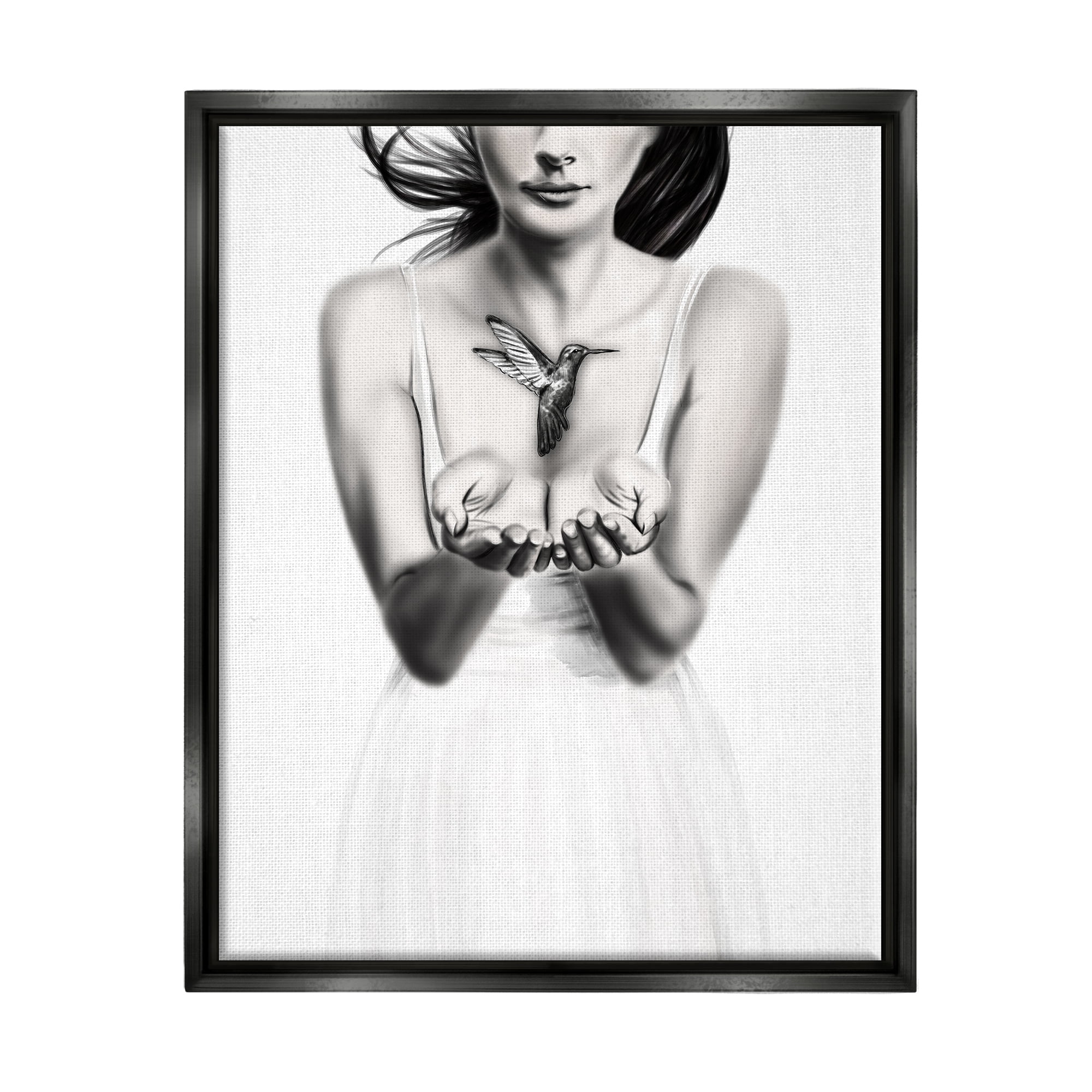 Stupell Industries Girl with Hummingbird Animals & Insects Painting Black Floater Framed Art Print Wall Art, 25 x 31