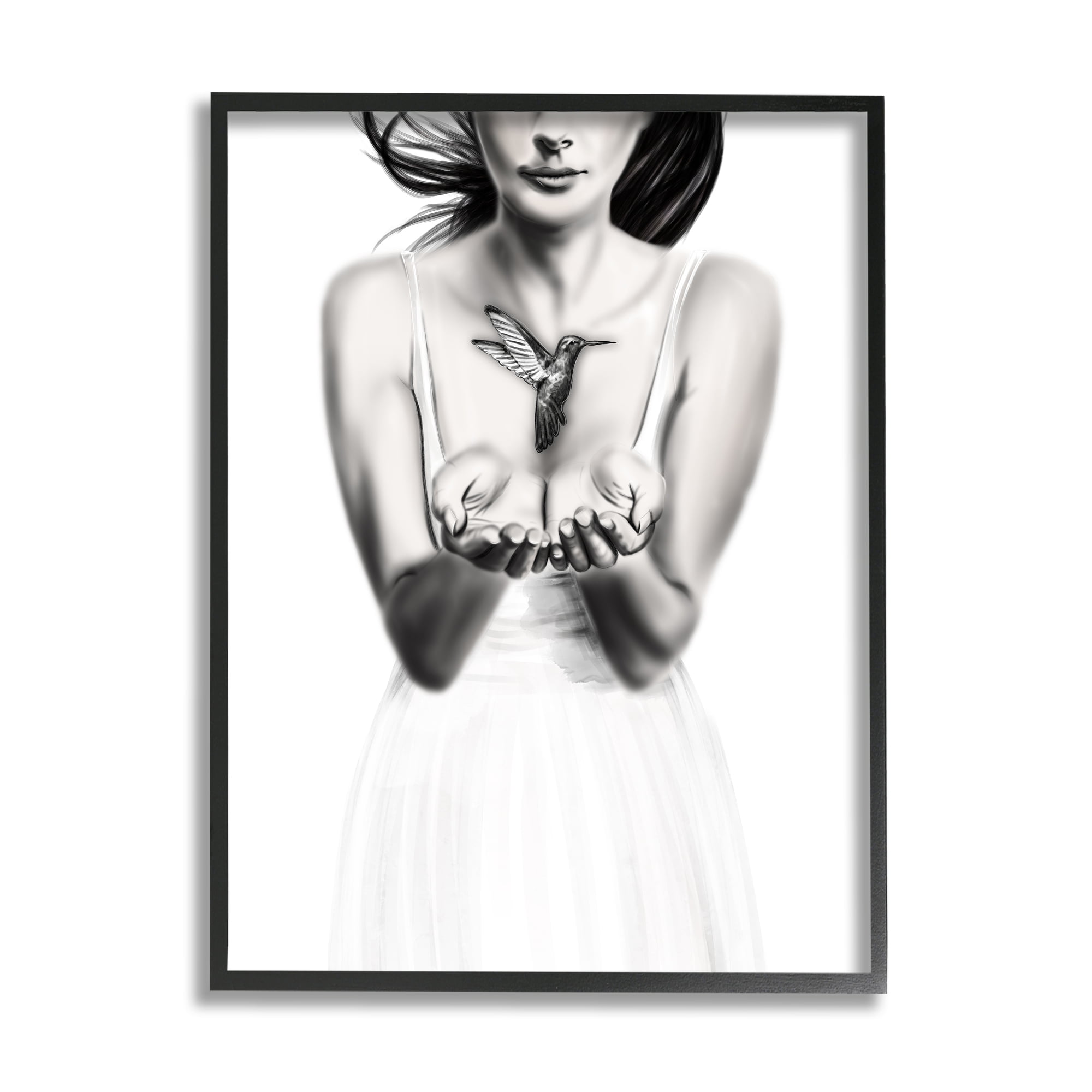Stupell Industries Girl with Hummingbird Animals & Insects Painting Black Framed Art Print Wall Art, 11 x 14