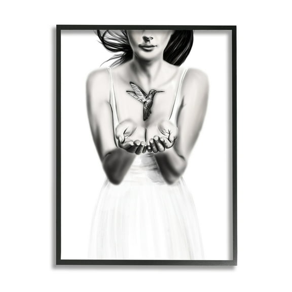 Stupell Industries Girl with Hummingbird Animals & Insects Painting Black Framed Art Print Wall Art, 11 x 14