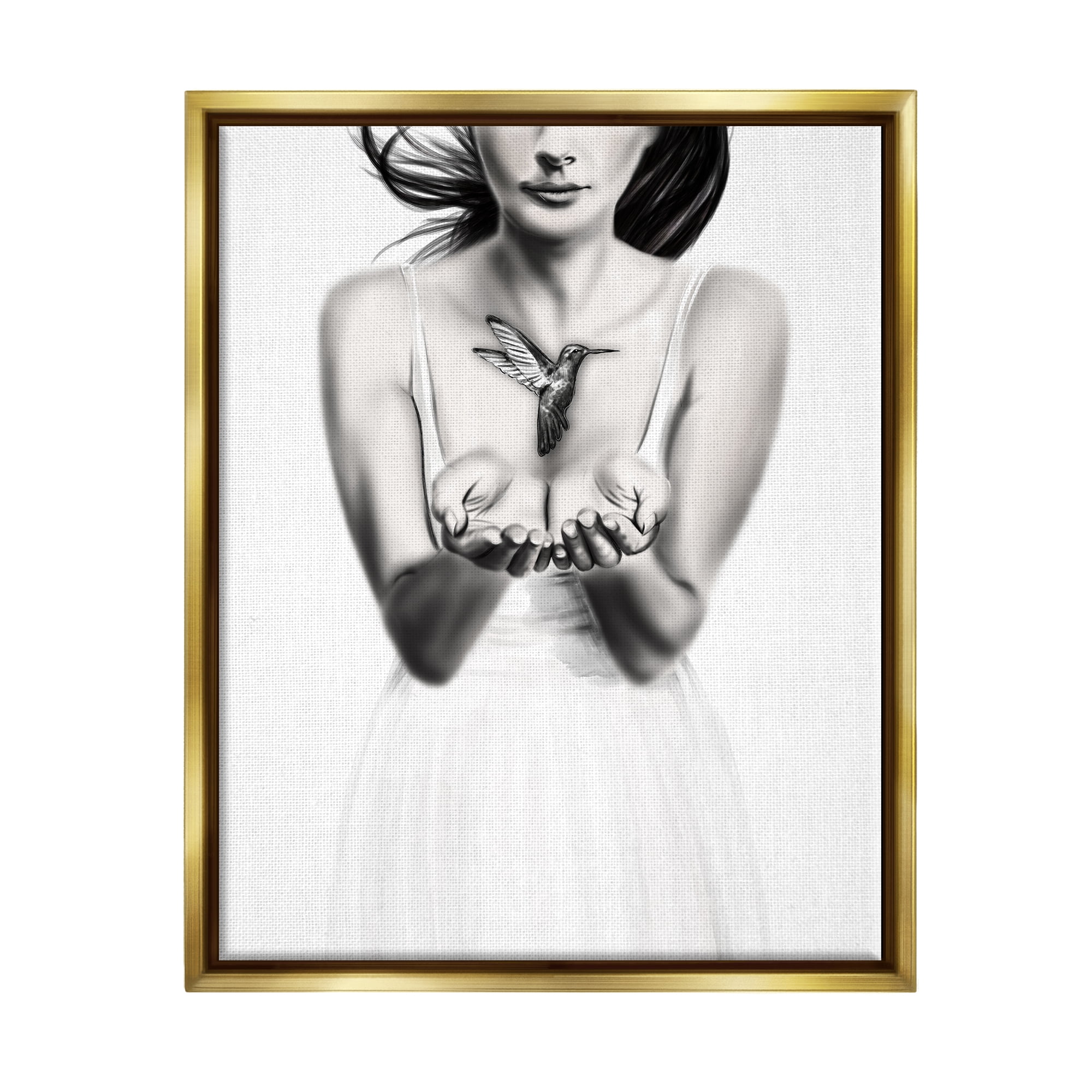 Stupell Industries Girl with Hummingbird Animals & Insects Painting Gold Floater Framed Art Print Wall Art, 17 x 21