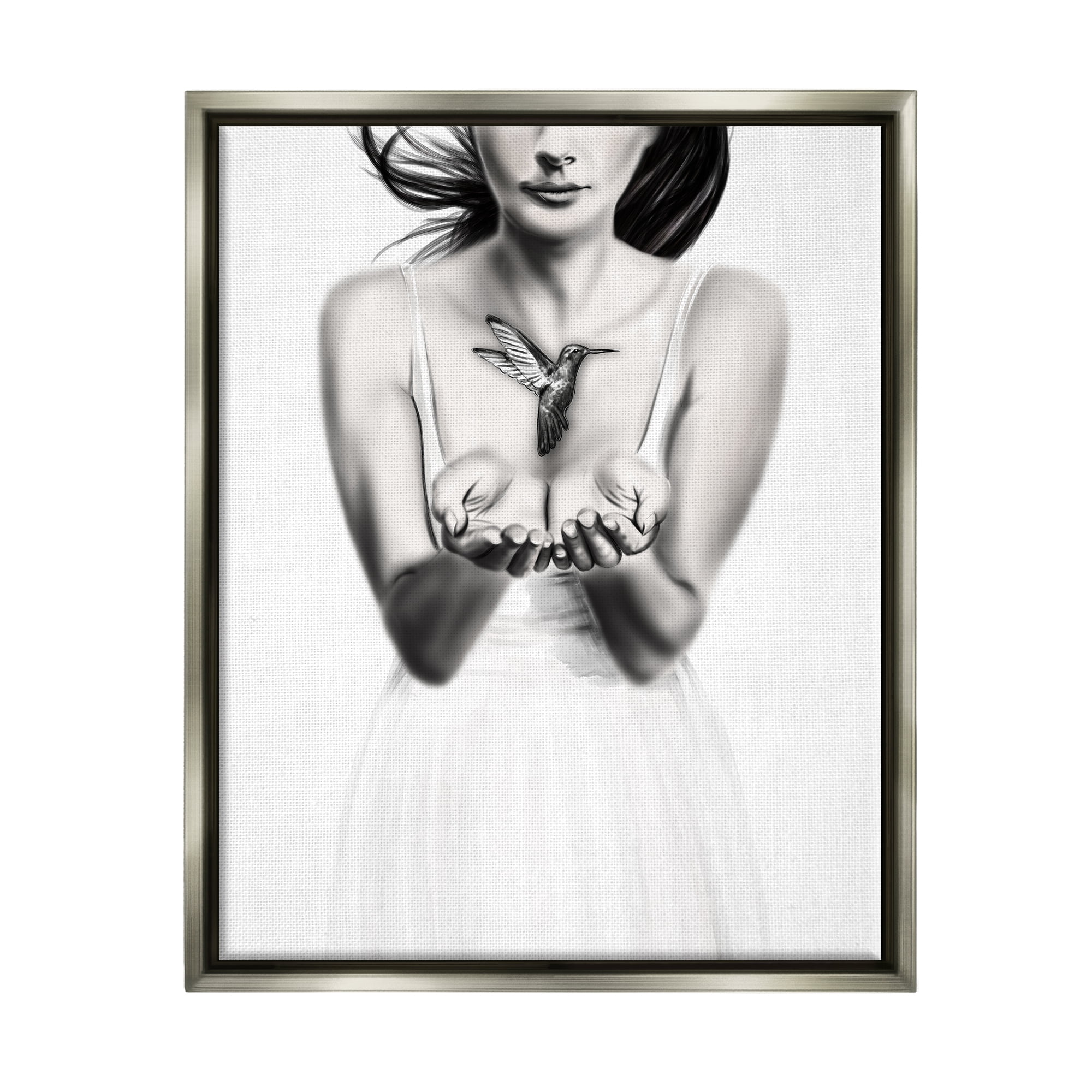 Stupell Industries Girl with Hummingbird Animals & Insects Painting Gray Floater Framed Art Print Wall Art, 17 x 21