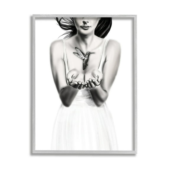 Stupell Industries Girl with Hummingbird Animals & Insects Painting Gray Framed Art Print Wall Art, 16 x 20