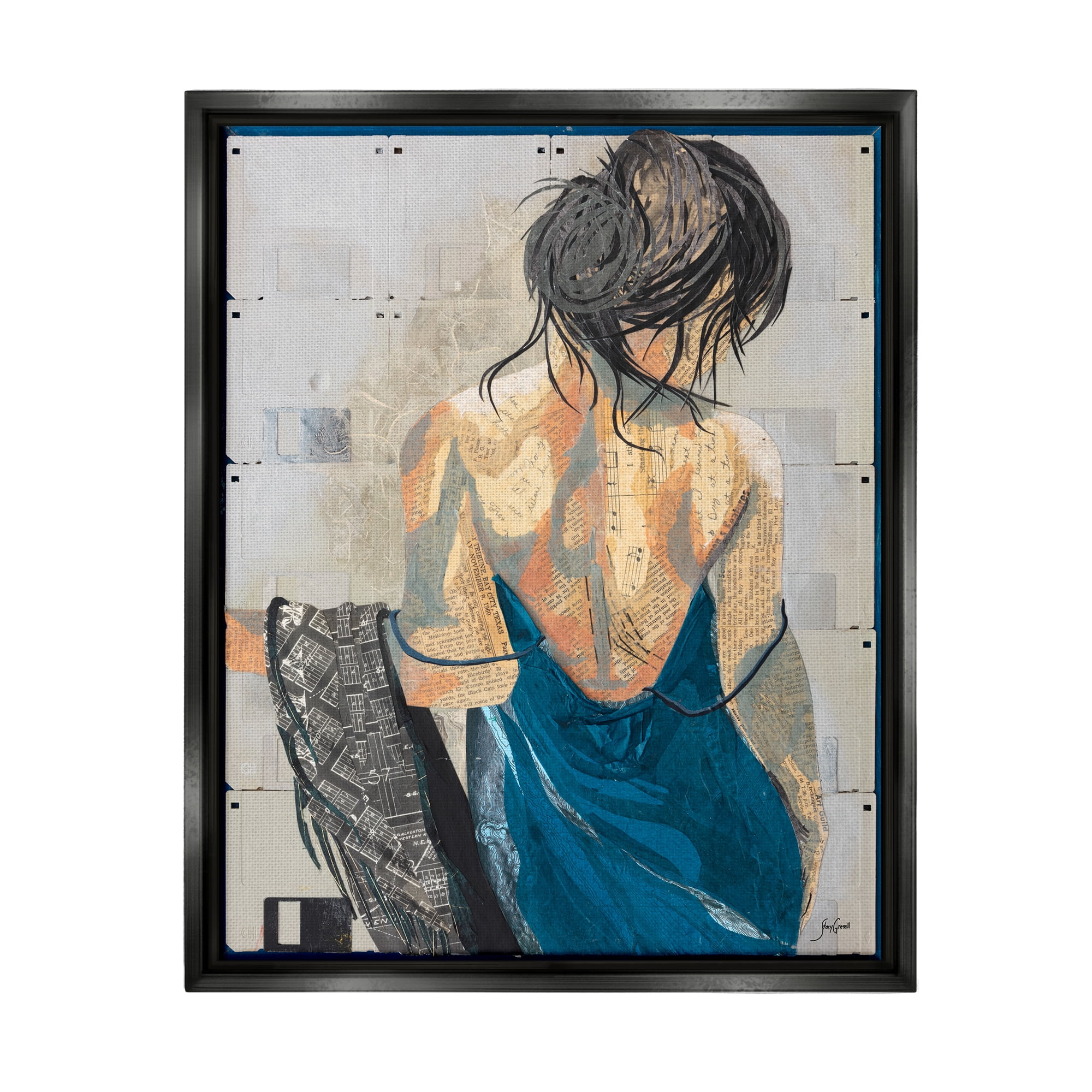 Stupell Industries Girl with Music Notes Collage Abstract Painting Black Floater Framed Art Print Wall Art, 17 x 21