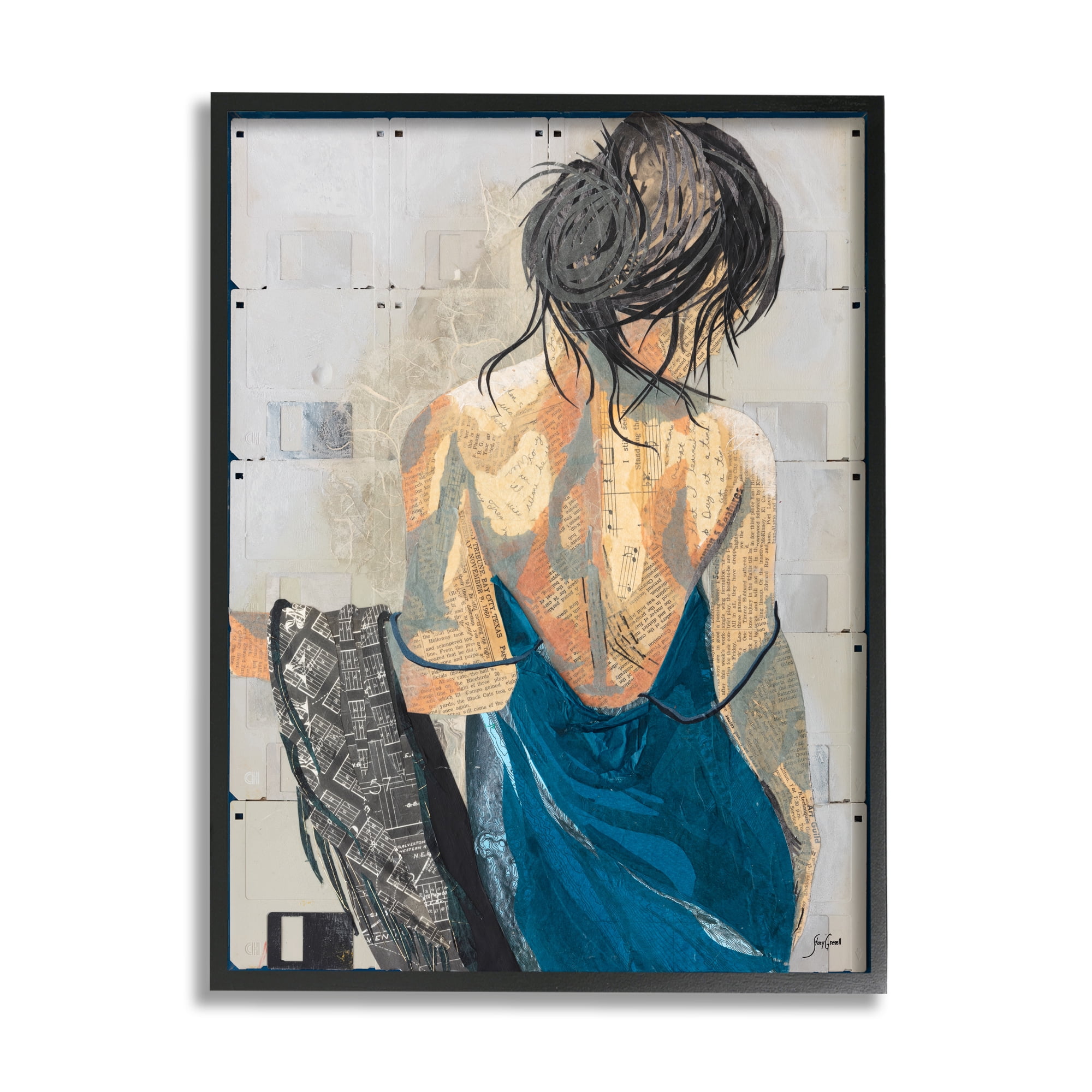 Stupell Industries Girl with Music Notes Collage Abstract Painting Black Framed Art Print Wall Art, 24 x 30