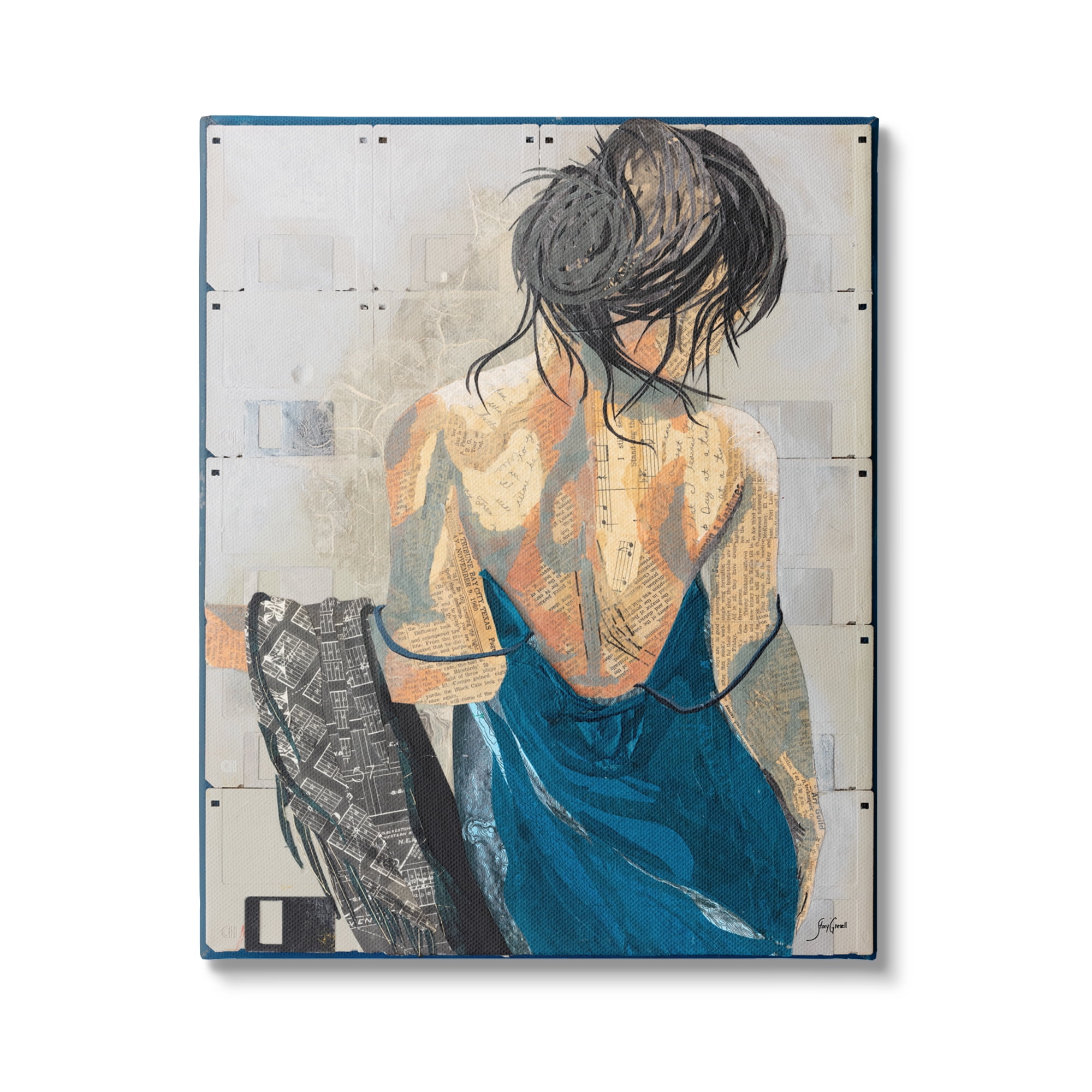 Stupell Industries Girl with Music Notes Collage Abstract Painting Gallery Wrapped Canvas Print Wall Art, 30 x 40