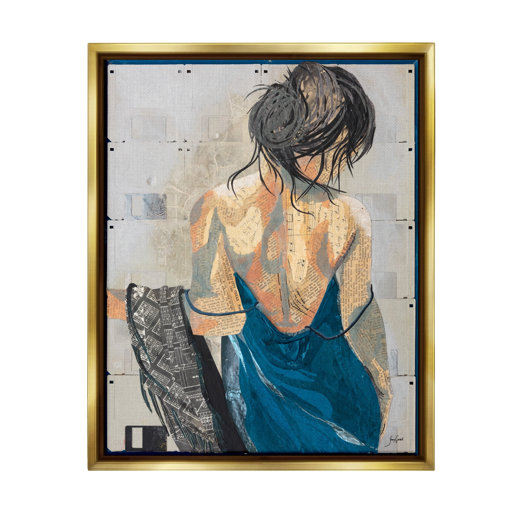 Stupell Industries Girl with Music Notes Collage Abstract Painting Gold Floater Framed Art Print Wall Art, 17 x 21