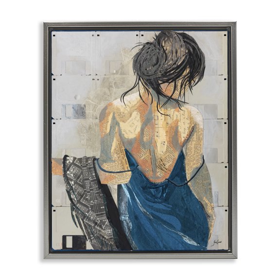 Stupell Industries Bohemian Girl with Music Notes Collage Gray Floating Frame Canvas Art, 17 x 21, by Stacy Gresell