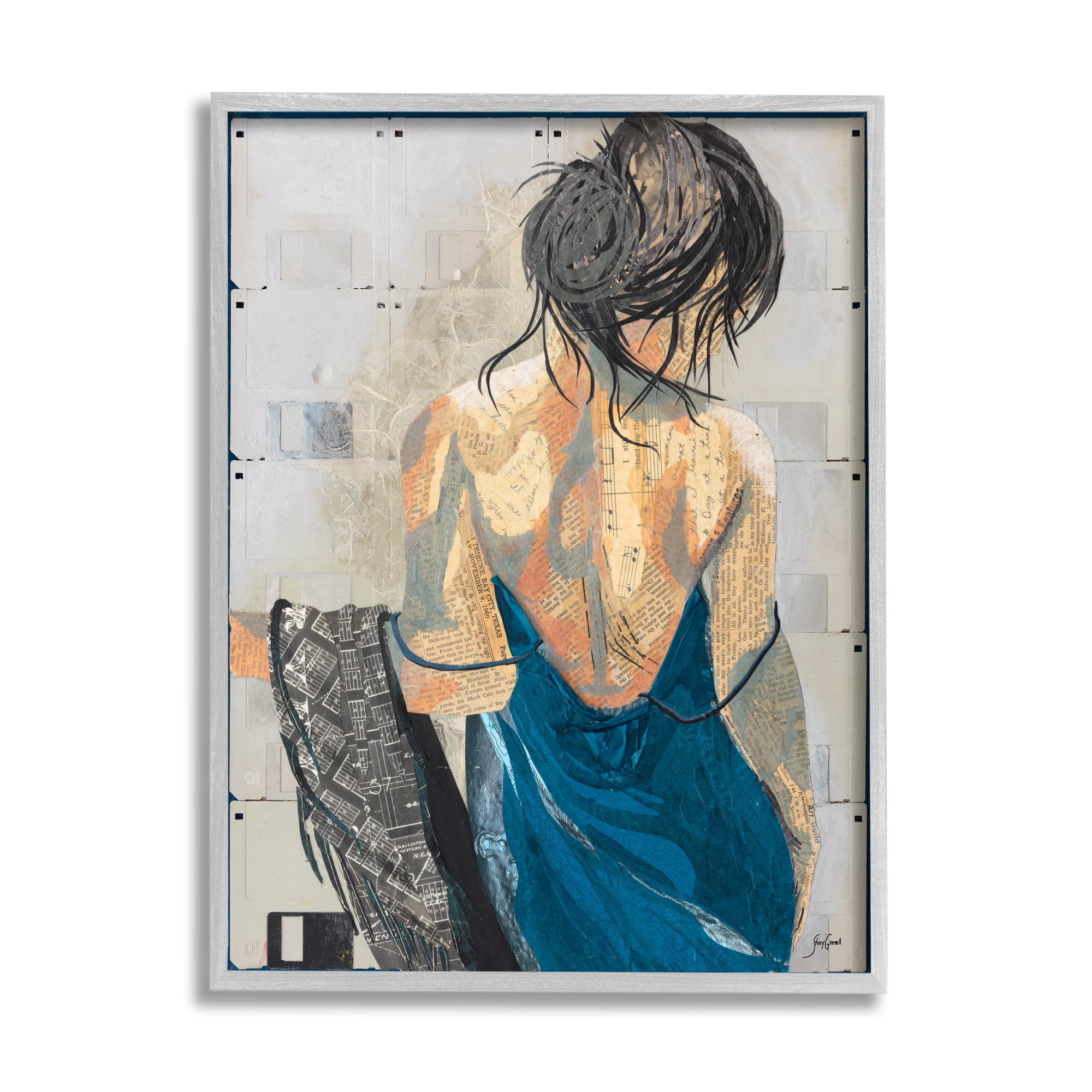 Stupell Industries Girl with Music Notes Collage Abstract Painting Gray Framed Art Print Wall Art, 24 x 30
