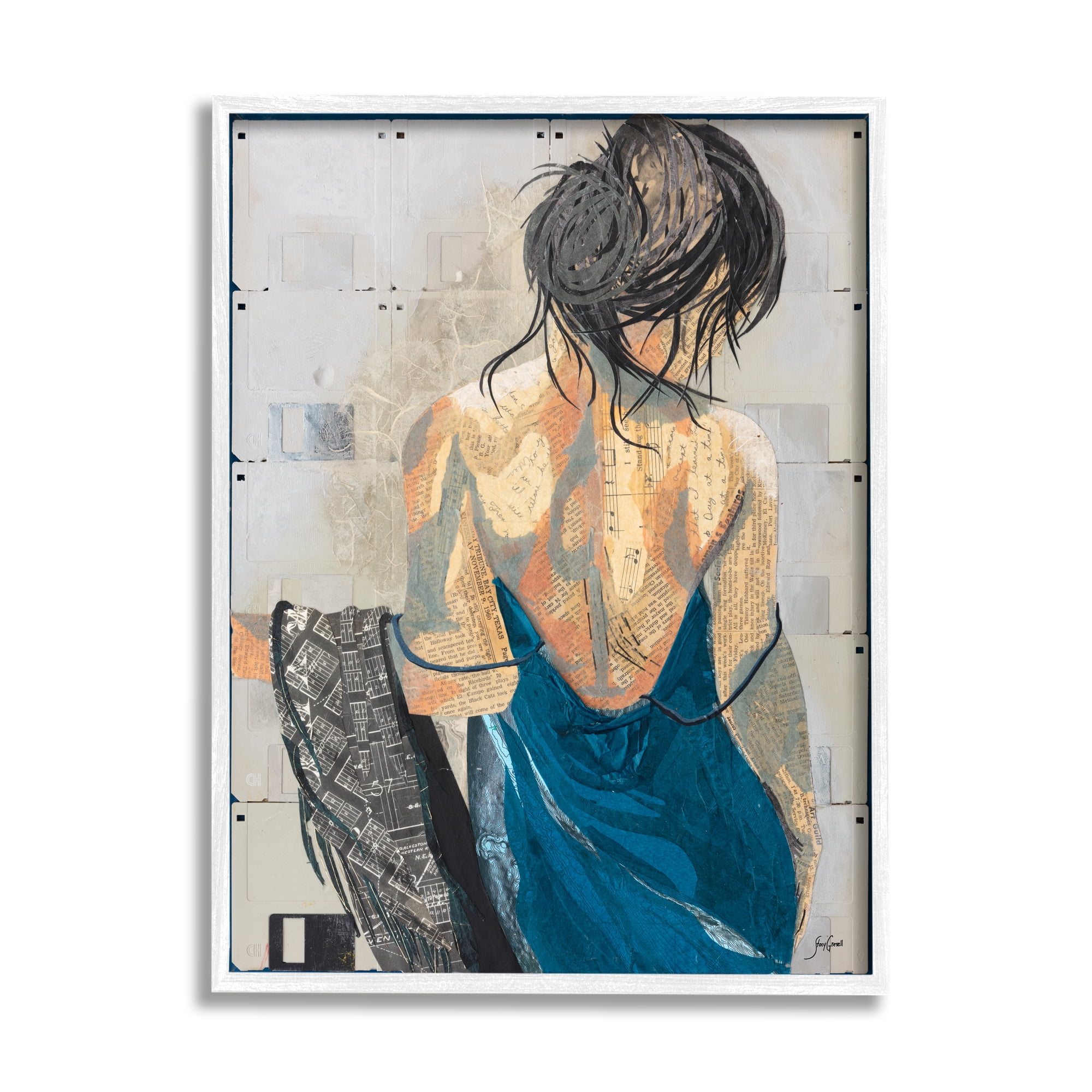Stupell Industries Girl with Music Notes Collage Abstract Painting White Framed Art Print Wall Art, 11 x 14