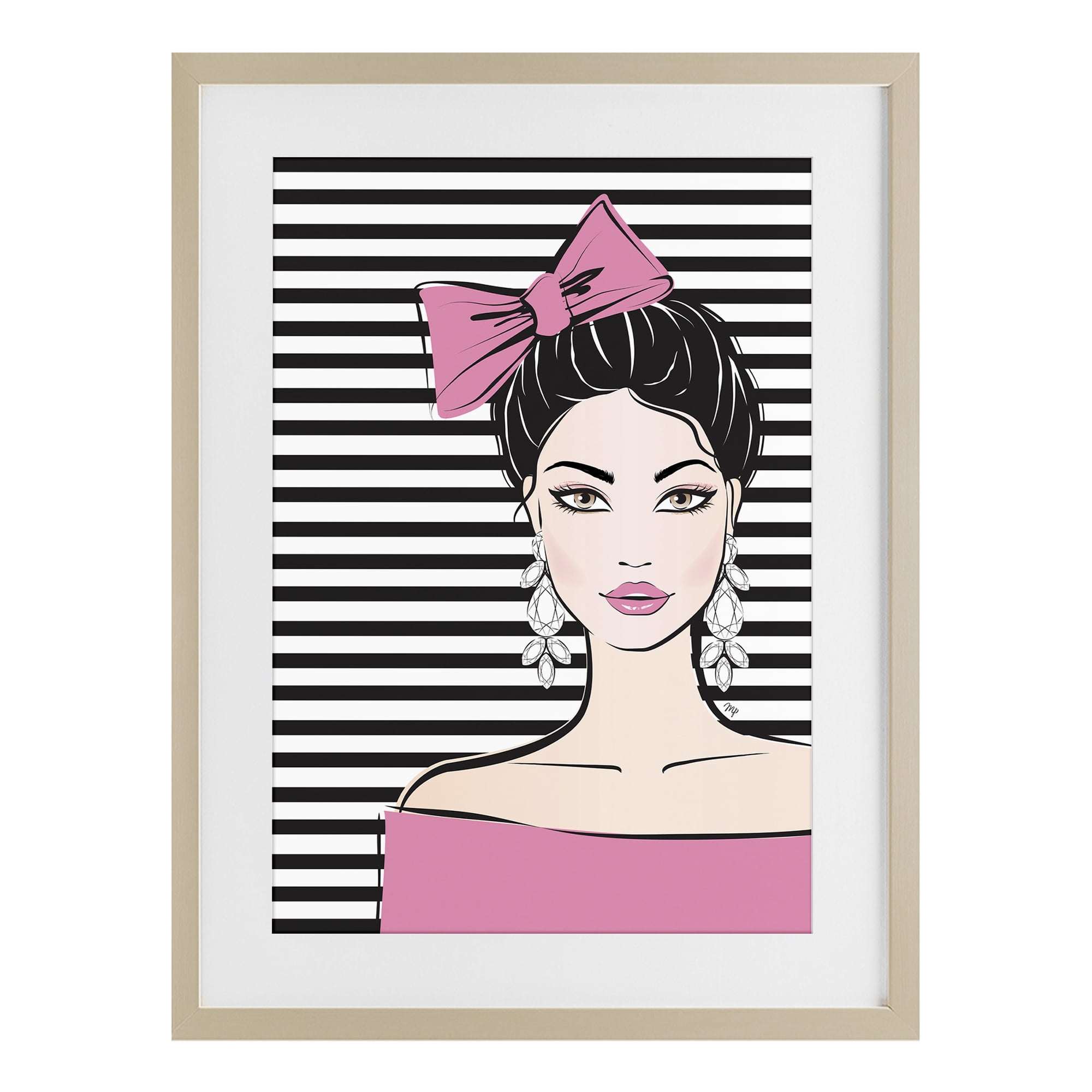 Stupell Industries Girl with Pink Bow & Earrings Birch Framed Print Under Glass, design by Martina Pavlova