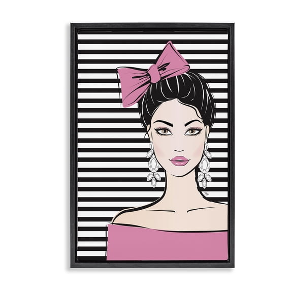 Stupell Industries Contemporary Girl with Pink Bow & Earrings Black Floating Frame Canvas Art, 17 x 25, by Martina Pavlova