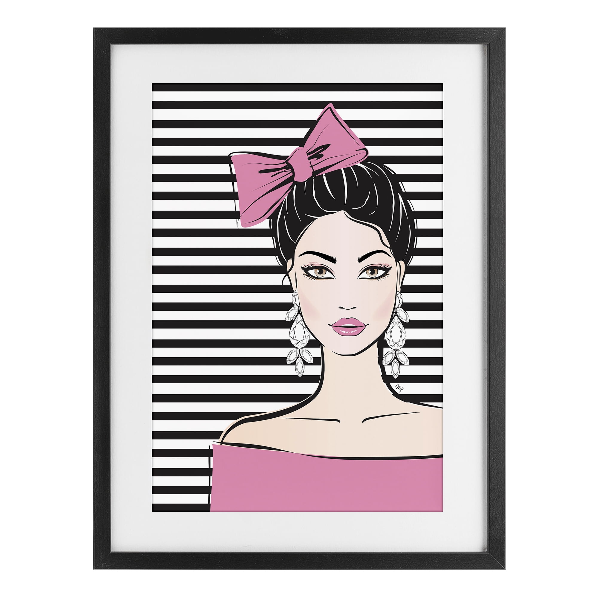 Stupell Industries Girl with Pink Bow & Earrings Black Framed Print Under Glass, design by Martina Pavlova