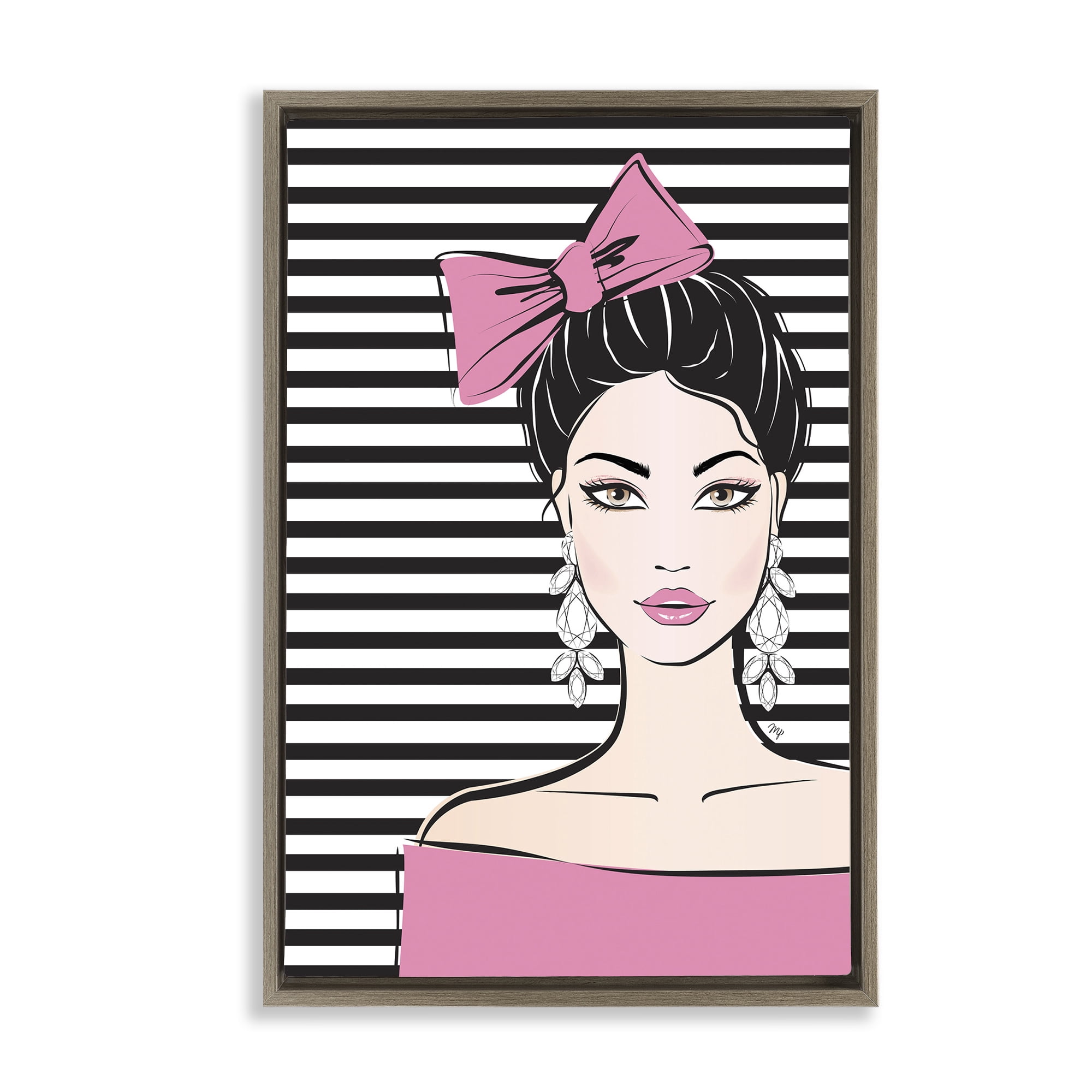 Stupell Industries Girl with Pink Bow & Earrings Brown Framed Floater Canvas Wall Art, design by Martina Pavlova