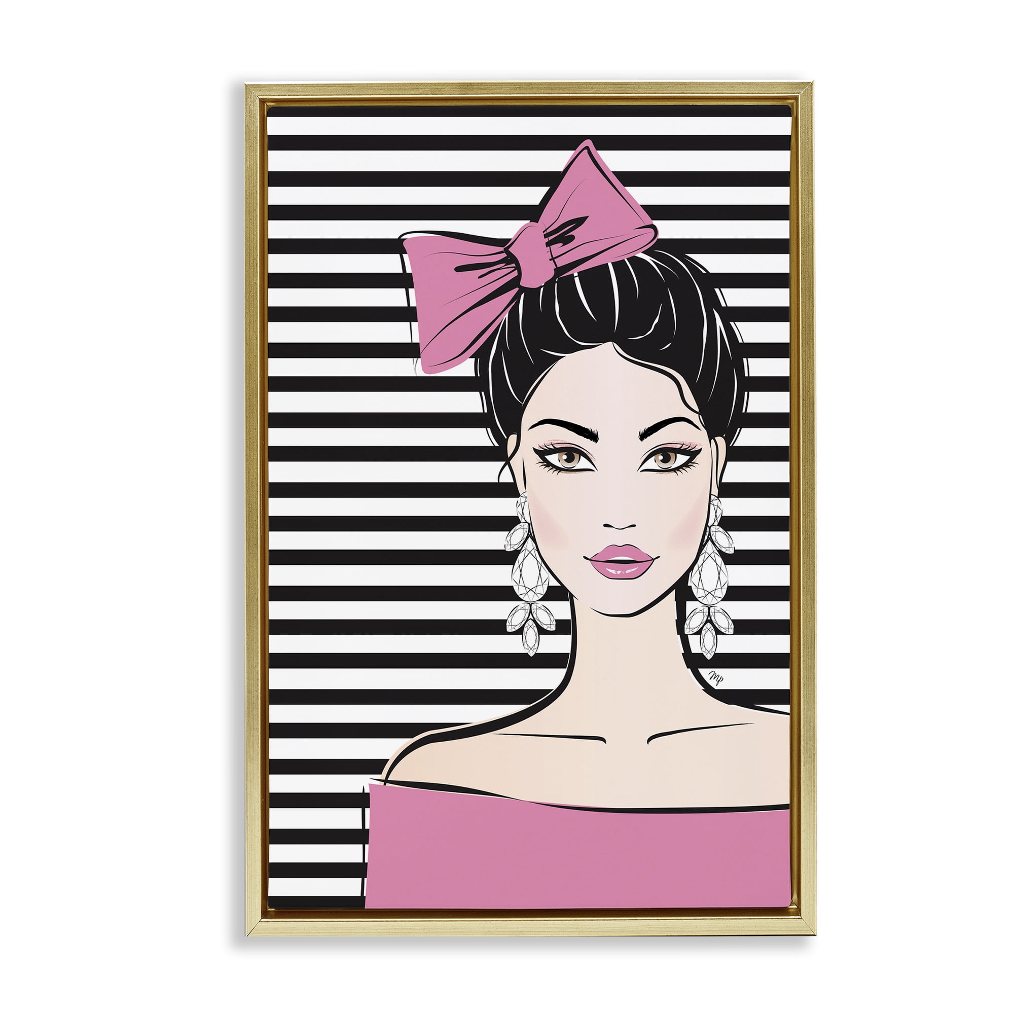 Stupell Industries Girl with Pink Bow & Earrings Gold Framed Floater Canvas Wall Art, design by Martina Pavlova