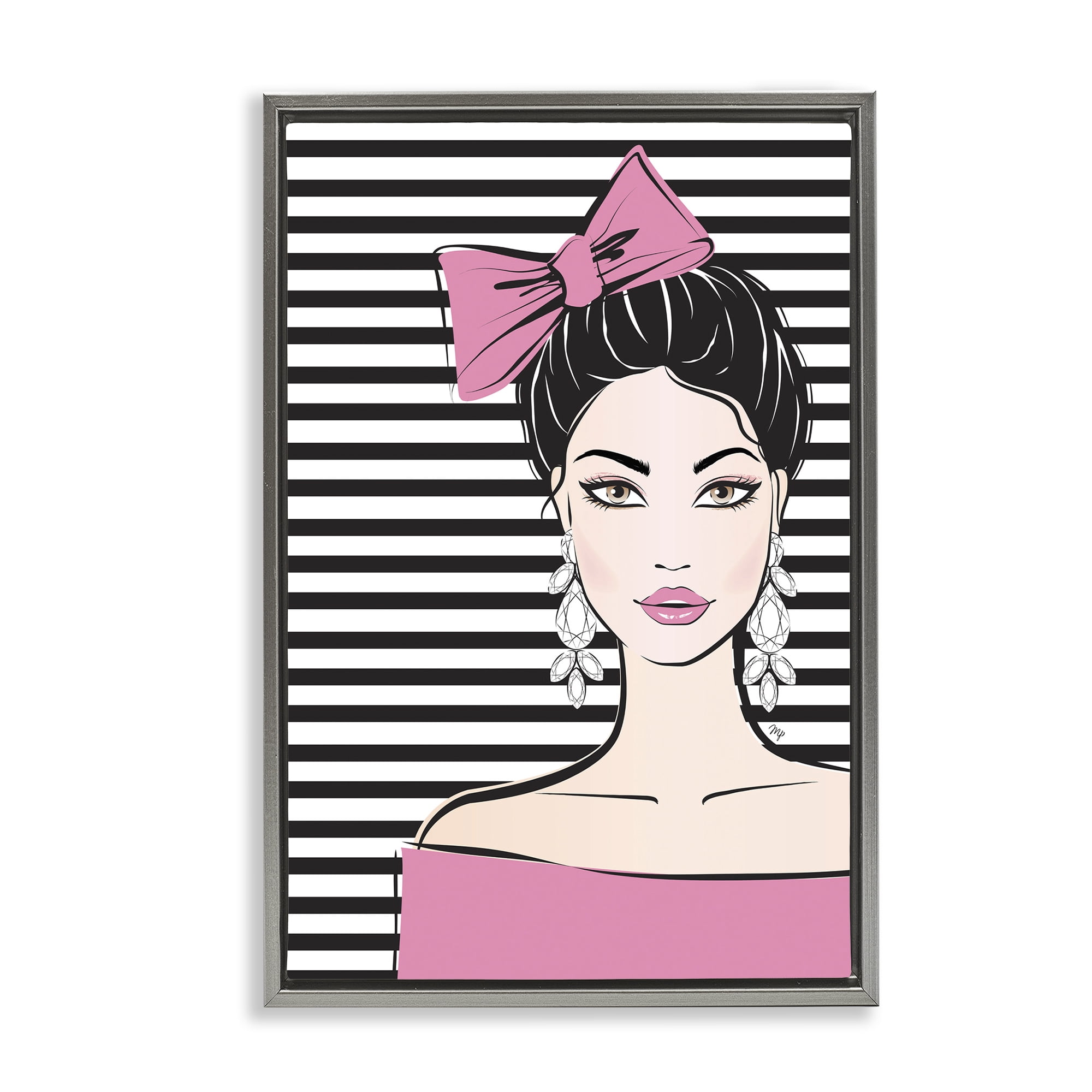 Stupell Industries Girl with Pink Bow & Earrings Gray Framed Floater Canvas Wall Art, design by Martina Pavlova