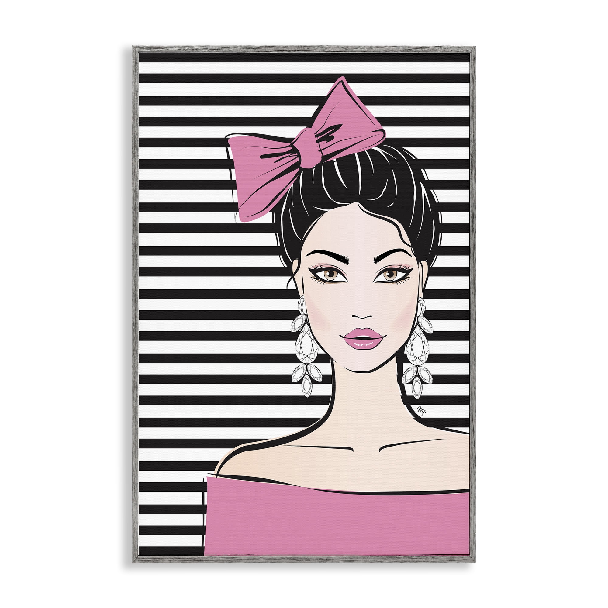 Stupell Industries Girl with Pink Bow & Earrings Gray Framed Giclee Art, design by Martina Pavlova