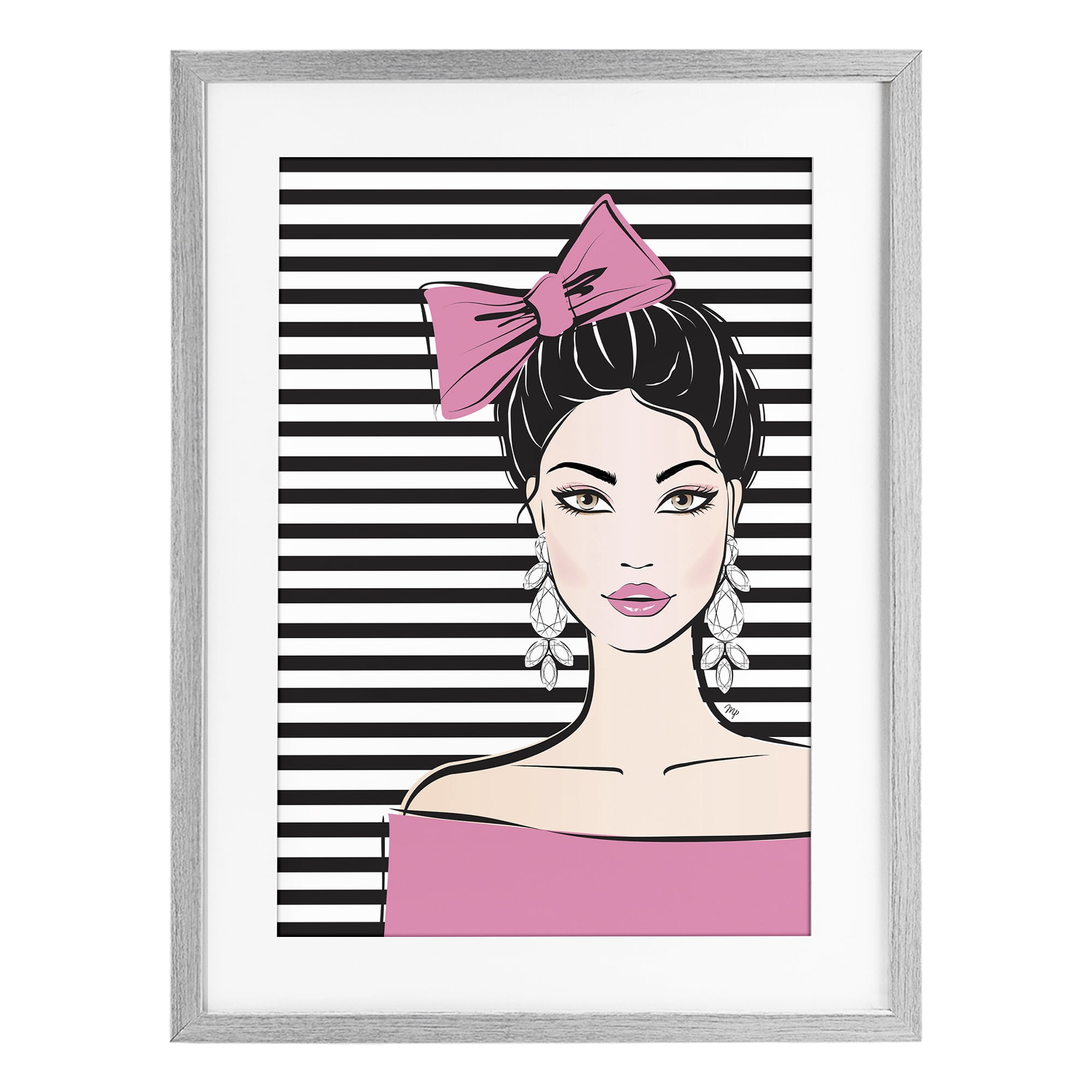 Stupell Industries Girl with Pink Bow & Earrings Gray Framed Print Under Glass, design by Martina Pavlova