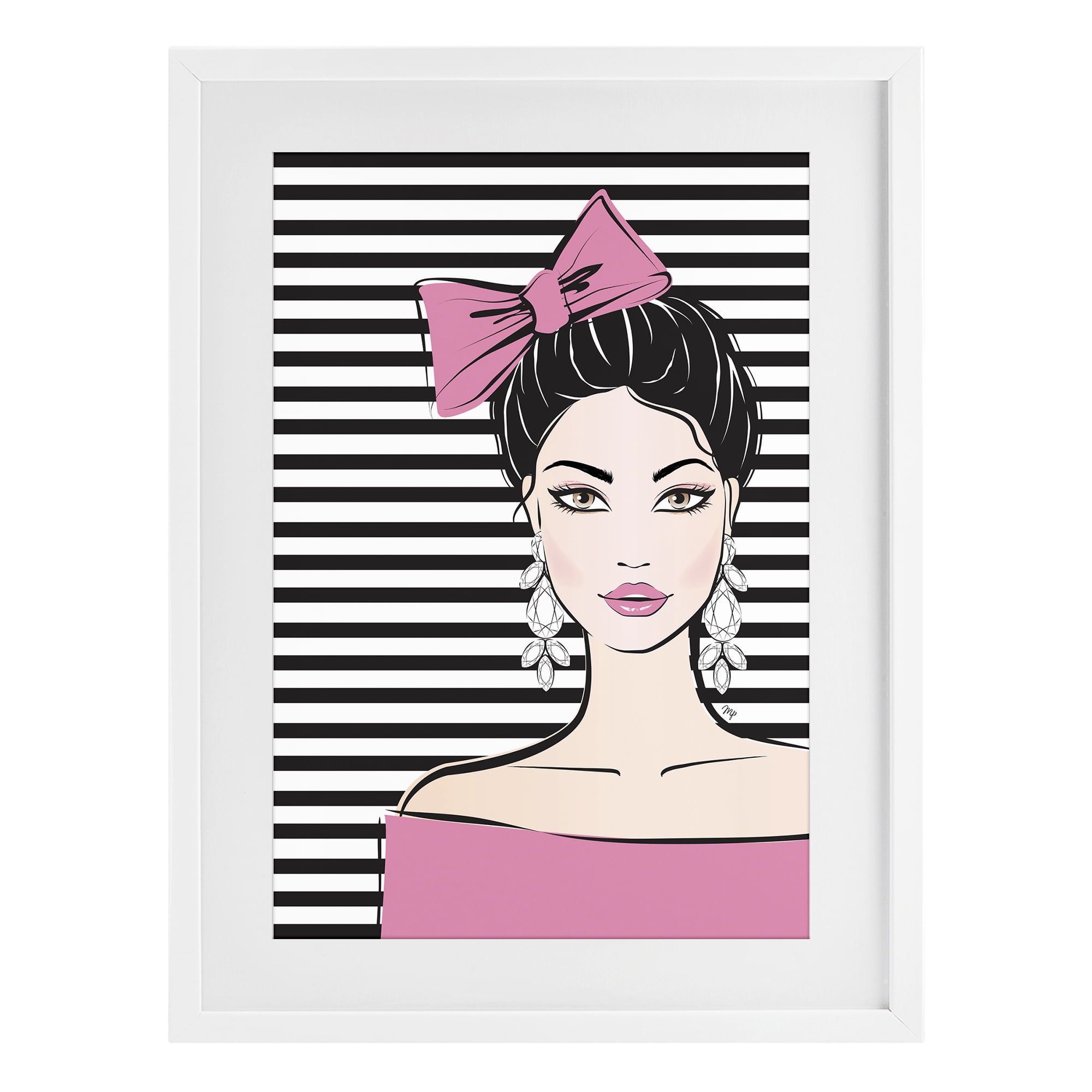 Stupell Industries Girl with Pink Bow & Earrings White Framed Print Under Glass, design by Martina Pavlova