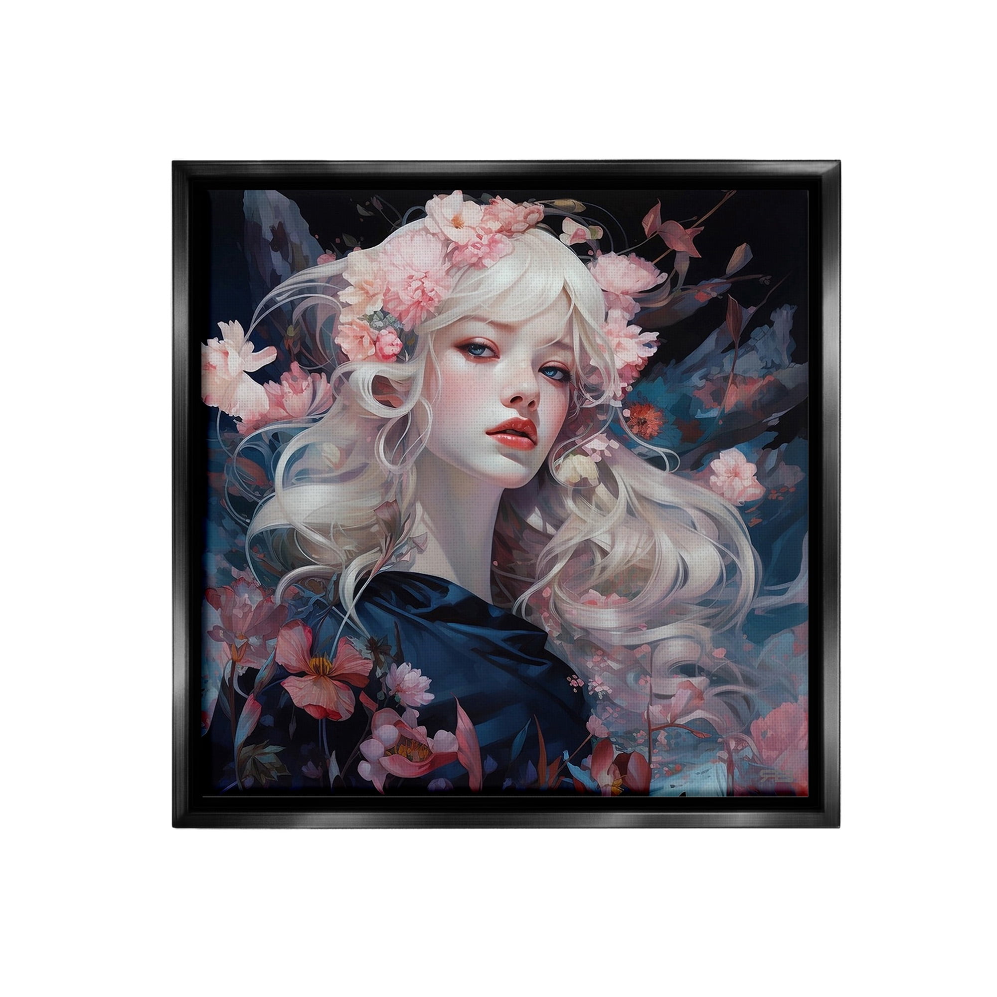 Stupell Industries Girl with Pink Irises Botanical & Floral Painting Black Floater Framed Canvas Art Print Wall Art, 18 x 18