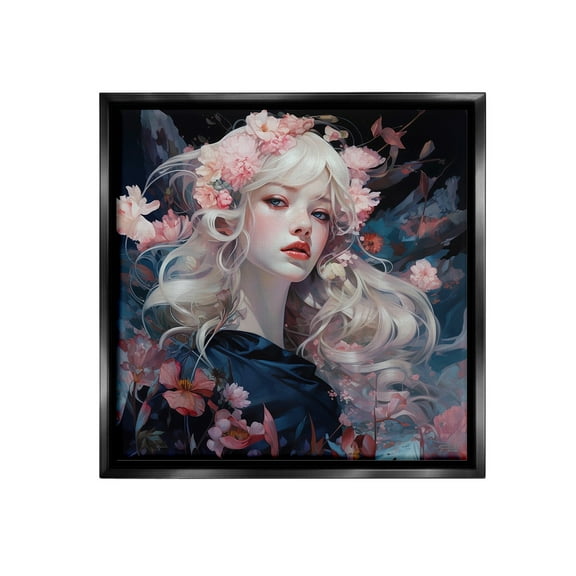 Stupell Industries Girl with Pink Irises Botanical & Floral Painting Black Floater Framed Canvas Art Print Wall Art, 18 x 18