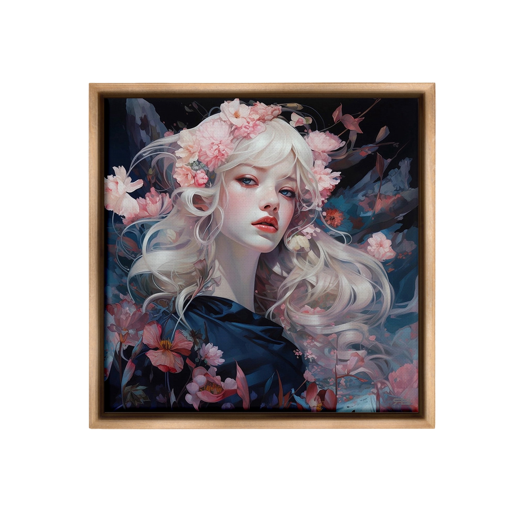 Stupell Industries Girl with Pink Irises Botanical & Floral Painting Brown Floater Framed Canvas Art Print Wall Art, 18 x 18