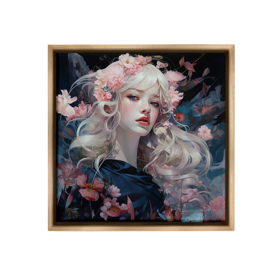 Stupell Industries Girl with Pink Irises Botanical & Floral Painting Brown Floater Framed Canvas Art Print Wall Art, 18 x 18