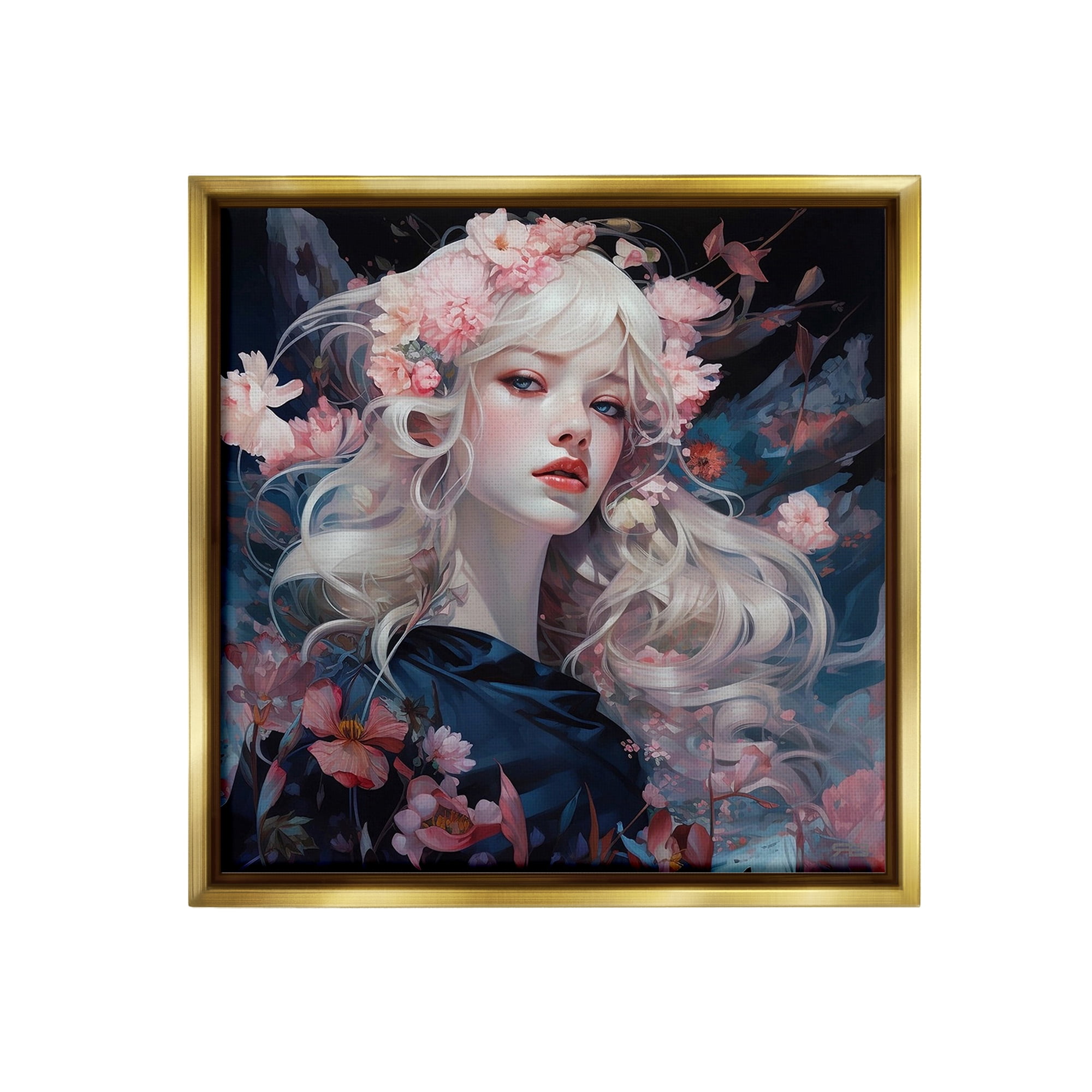 Stupell Industries Girl with Pink Irises Botanical & Floral Painting Gold Floater Framed Canvas Art Print Wall Art, 18 x 18