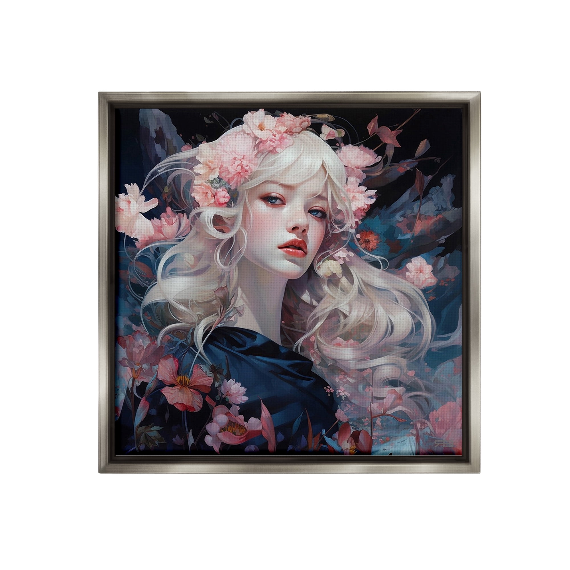 Stupell Industries Girl with Pink Irises Botanical & Floral Painting Gray Floater Framed Canvas Art Print Wall Art, 18 x 18