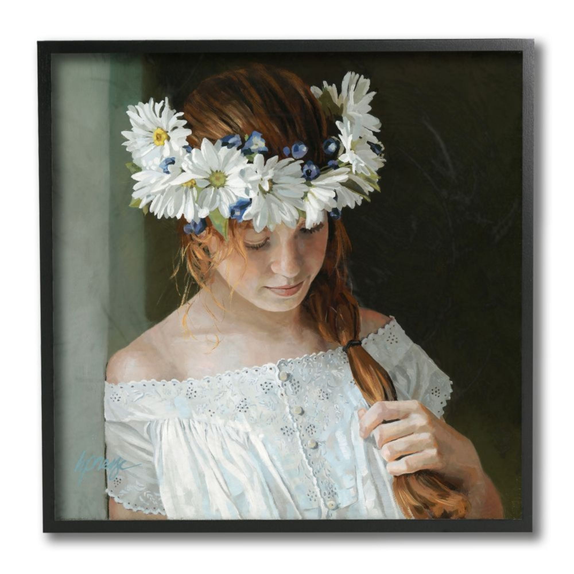 Stupell Industries Girl with Red Hair and Floral Daisy Crown Design by Heide Presse, 12" x 12", Black Framed