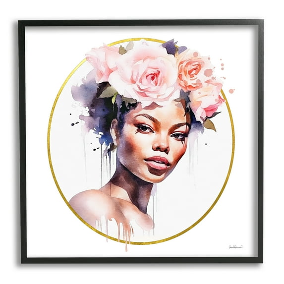 Stupell Industries Girl with Roses Portrait Botanical & Floral Painting Black Framed Art Print Wall Art, 17 x 17