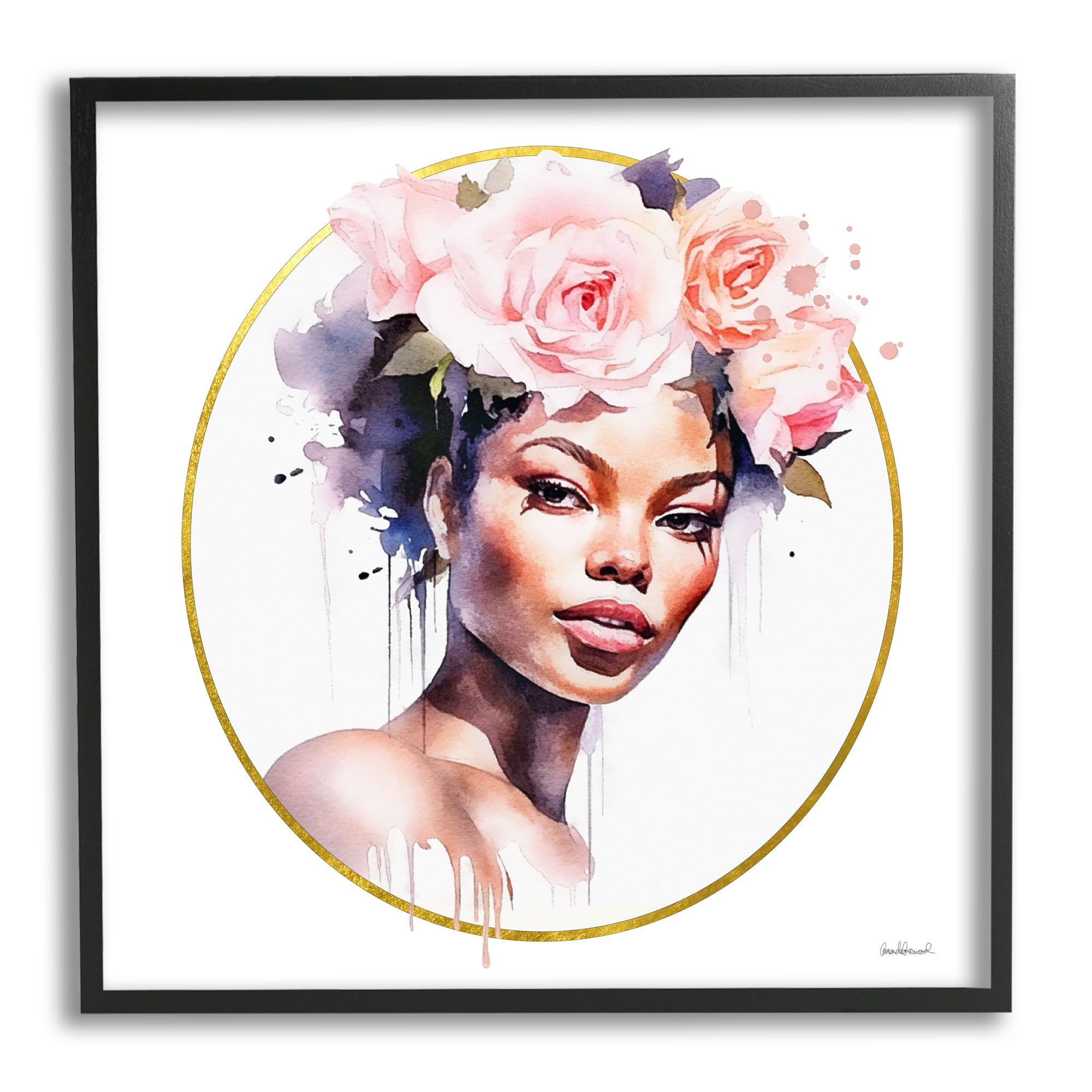 Stupell Industries Girl with Roses Portrait Botanical & Floral Painting Black Framed Art Print Wall Art, 24 x 24