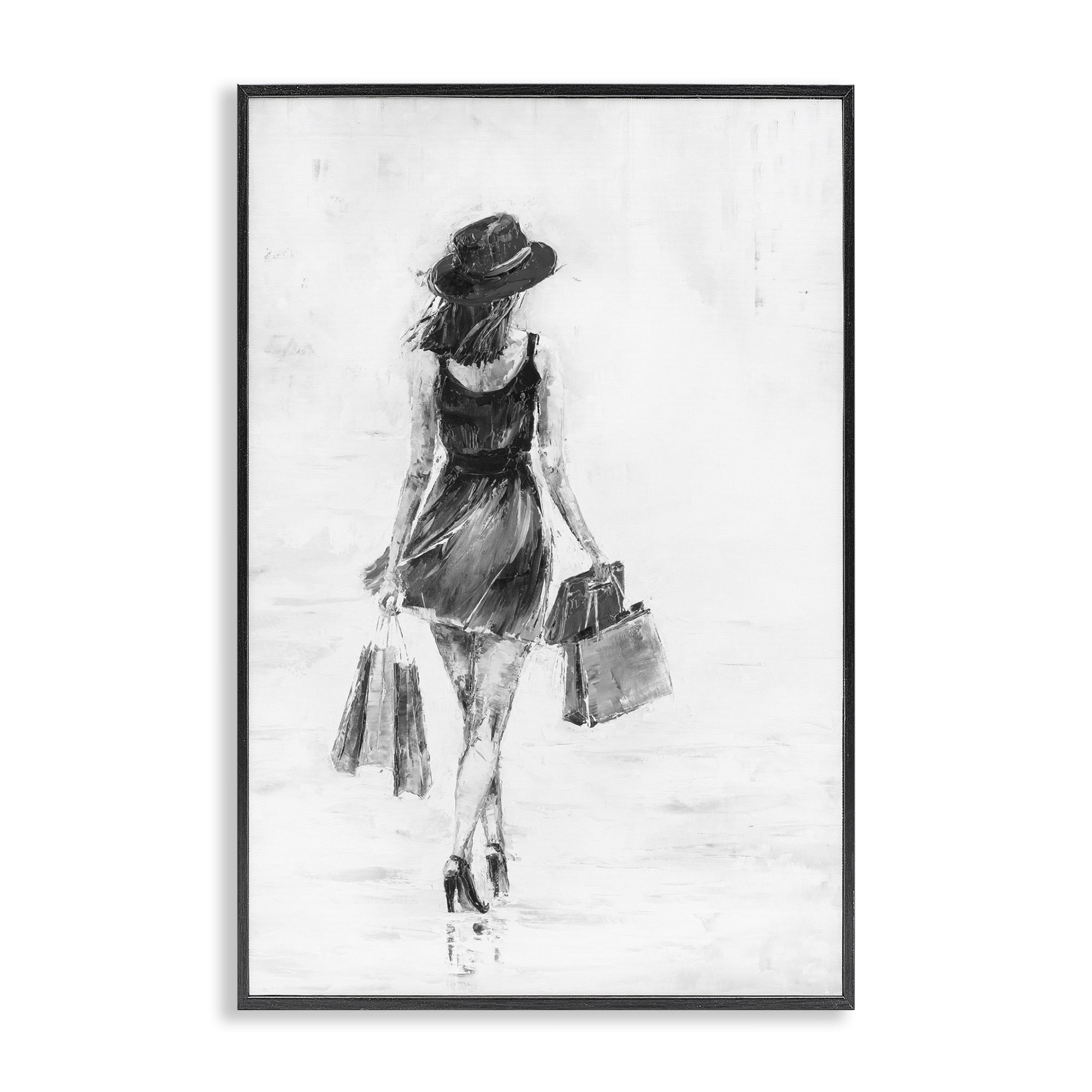 Stupell Industries Girl with Shopping Bags Novelty Painting Black Framed Art Print Wall Art, 16 x 24