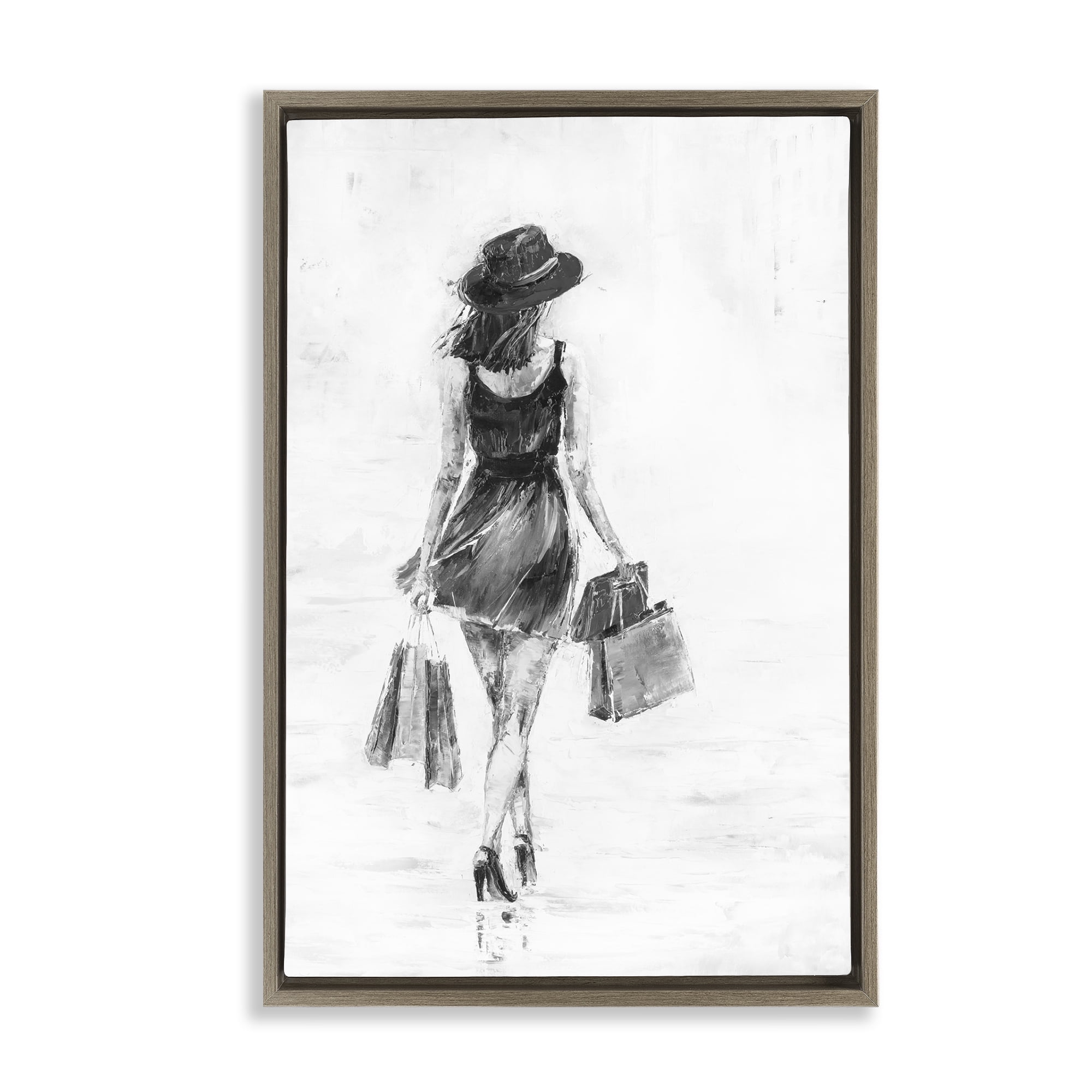Stupell Industries Girl with Shopping Bags Novelty Painting Brown Floater Framed Art Print Wall Art, 21 x 31