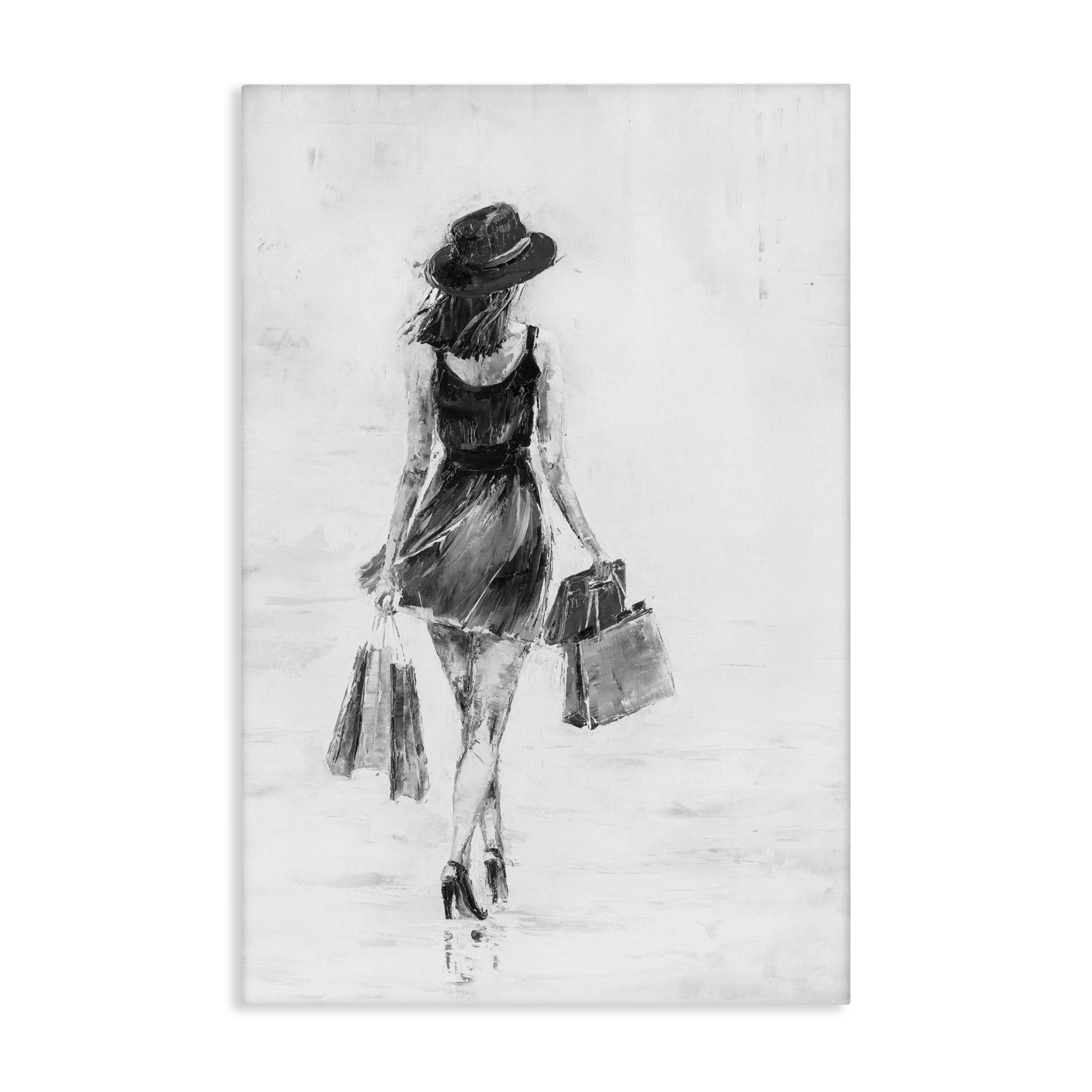 Stupell Industries Girl with Shopping Bags Novelty Painting Gallery Wrapped Canvas Art Print Wall Art, 24 x 36