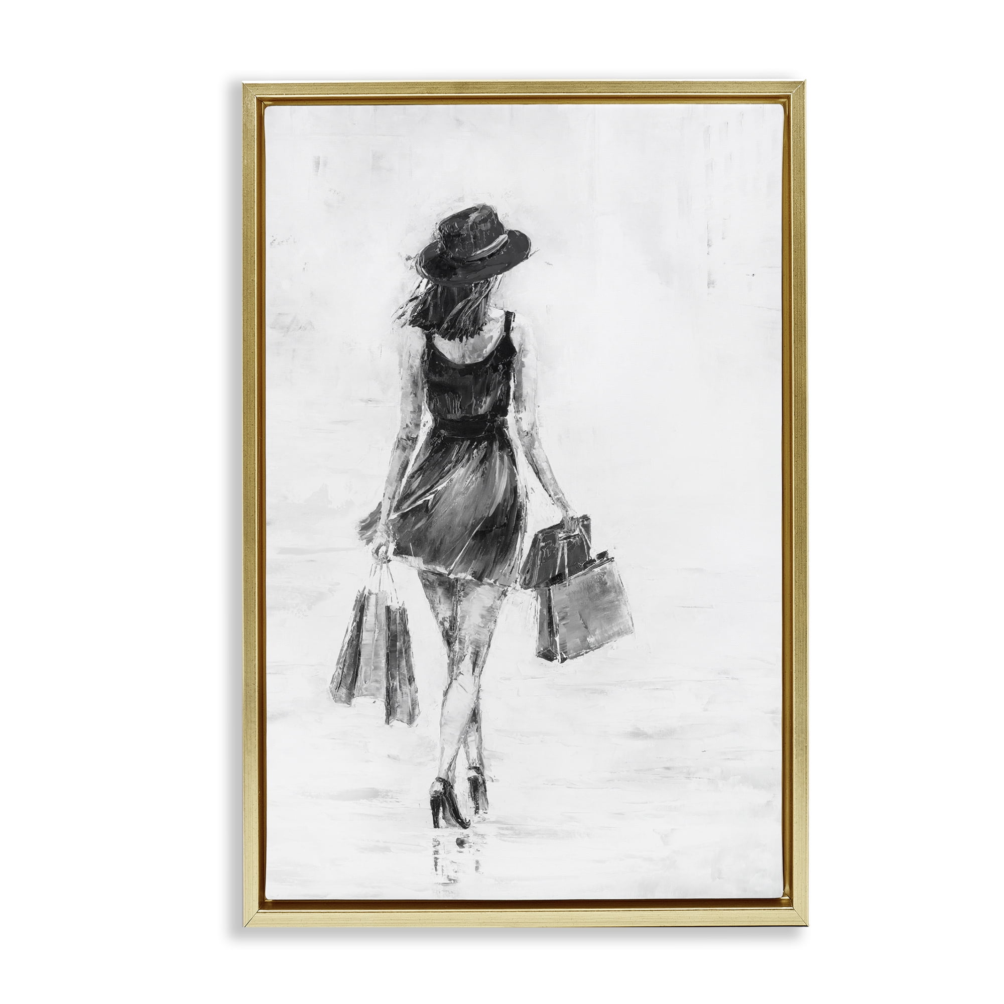 Stupell Industries Girl with Shopping Bags Novelty Painting Gold Floater Framed Art Print Wall Art, 17 x 25