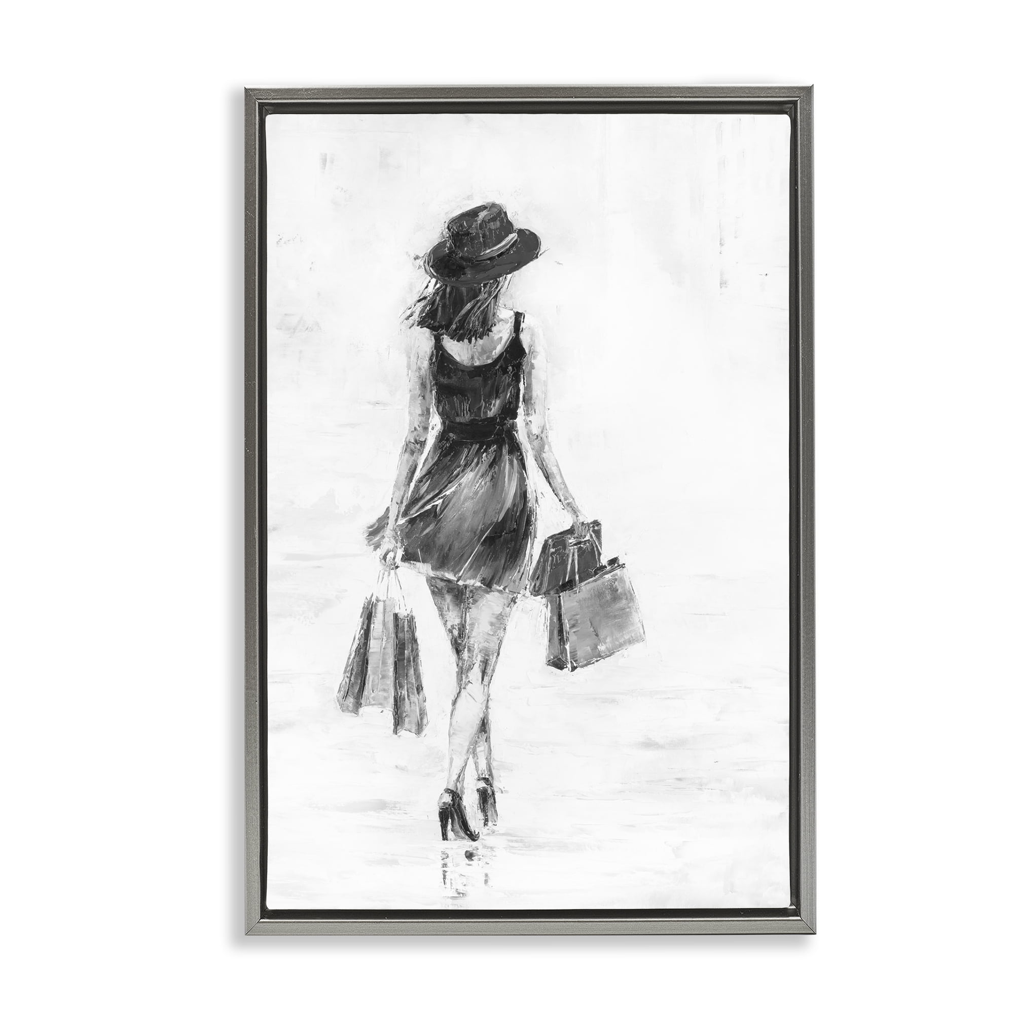 Stupell Industries Girl with Shopping Bags Novelty Painting Gray Floater Framed Art Print Wall Art, 21 x 31