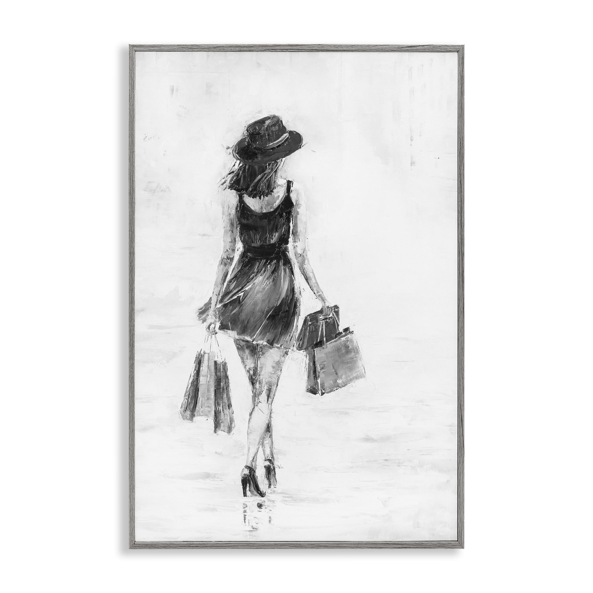 Stupell Industries Girl with Shopping Bags Novelty Painting Gray Framed Art Print Wall Art, 12 x 18