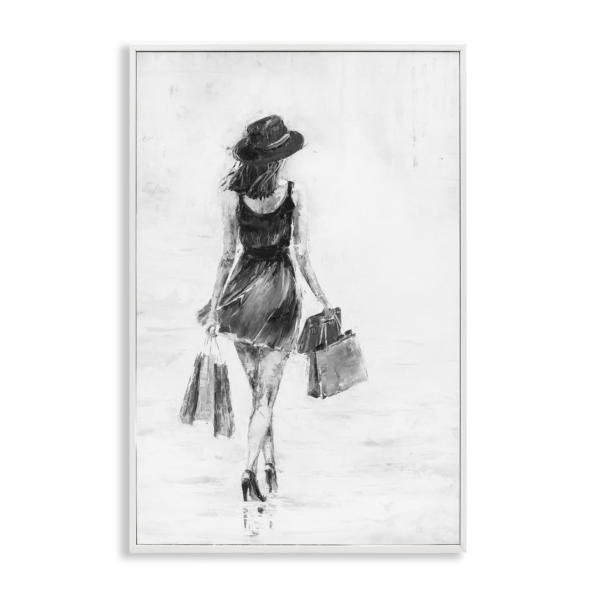 Stupell Industries Girl with Shopping Bags Novelty Painting White Framed Art Print Wall Art, 12 x 18