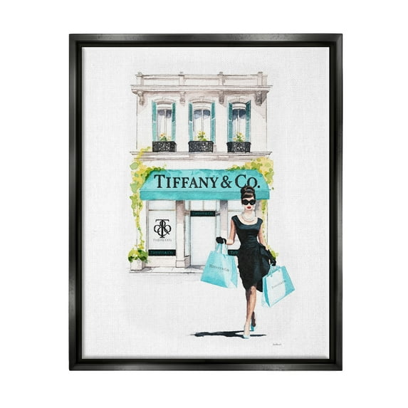 Stupell Industries Girl with Shopping Bags Town & City Painting Black Floater Framed Canvas Art Print Wall Art, 17 x 21