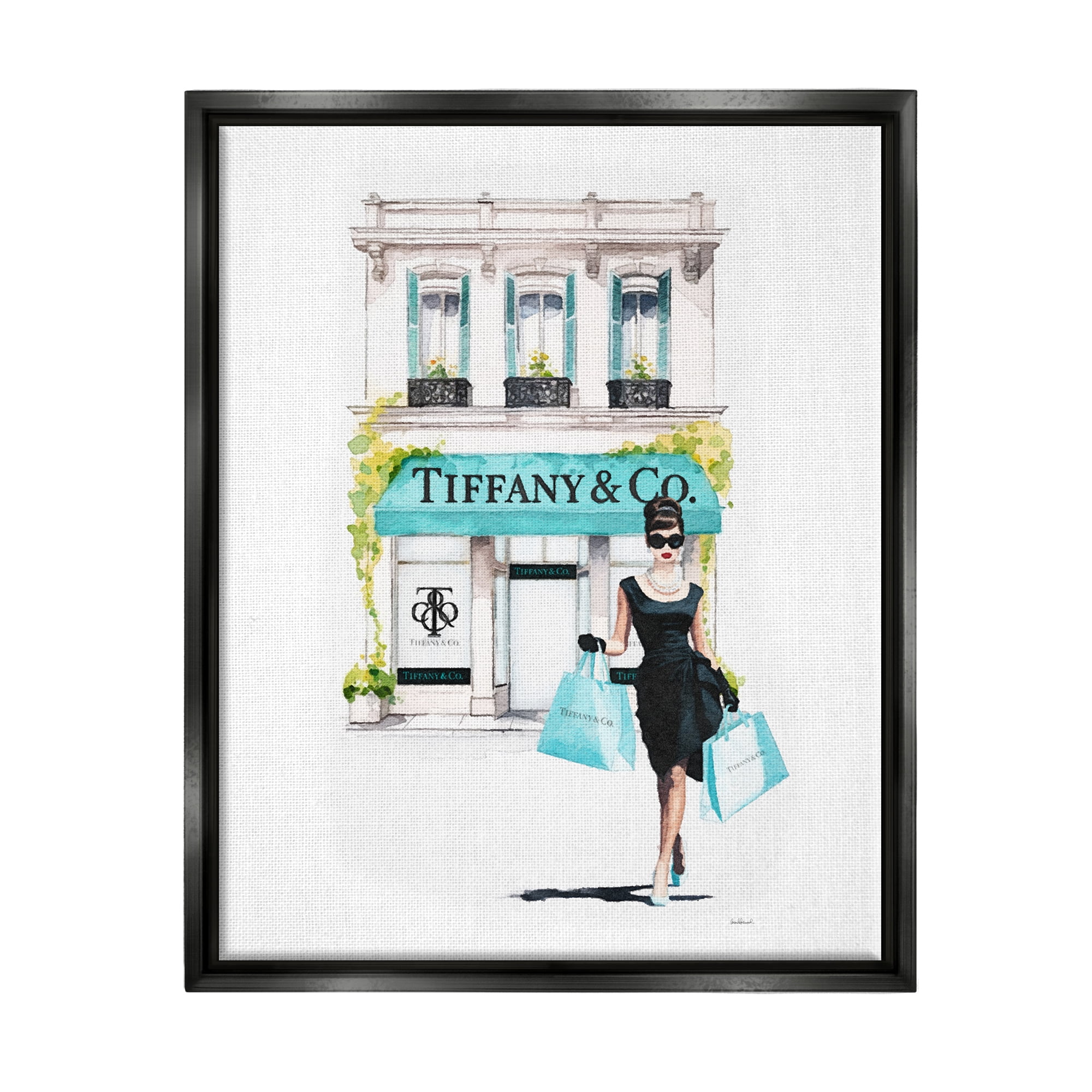 Stupell Industries Girl with Shopping Bags Town & City Painting Black Floater Framed Canvas Art Print Wall Art, 25 x 31