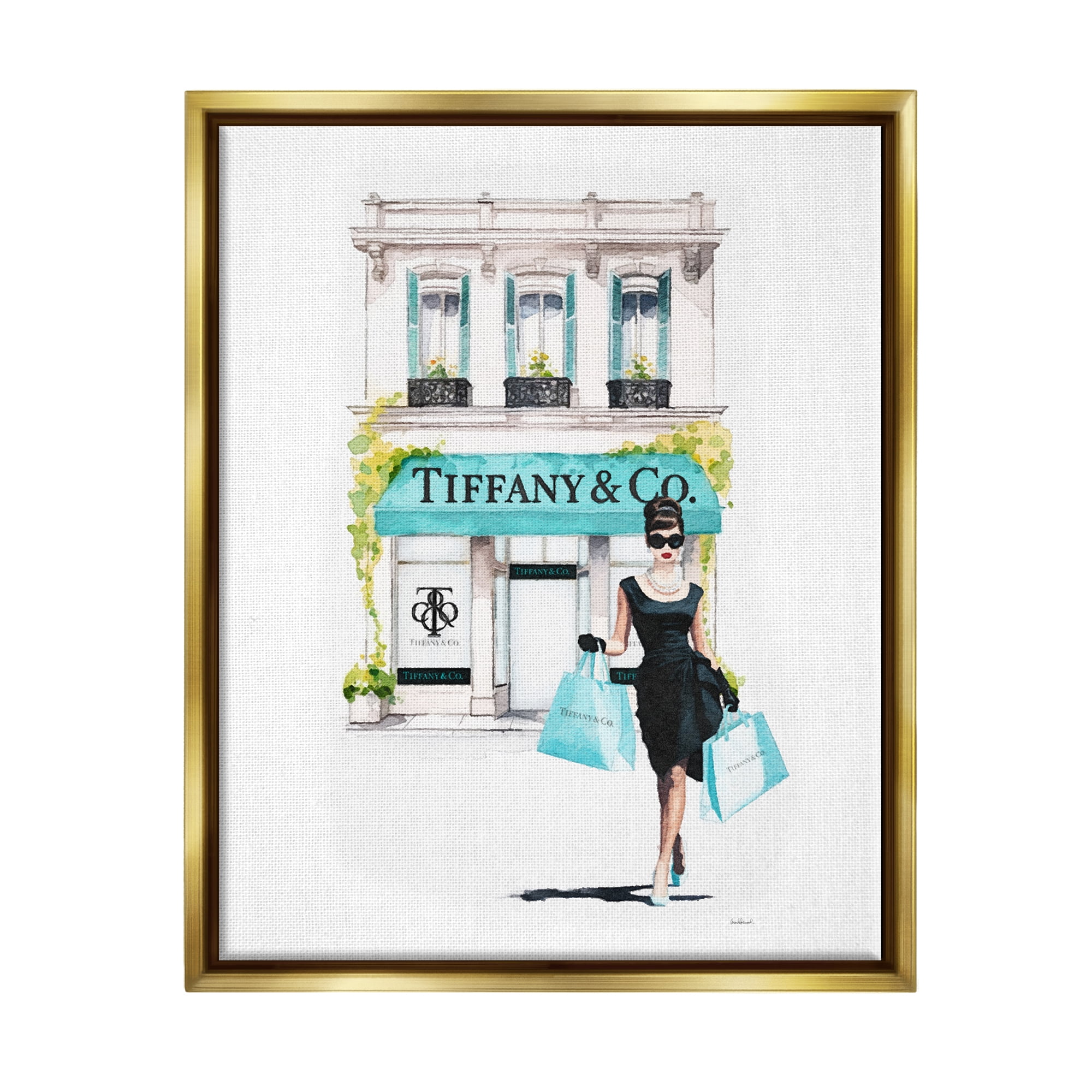 Stupell Industries Girl with Shopping Bags Town & City Painting Gold Floater Framed Canvas Art Print Wall Art, 25 x 31